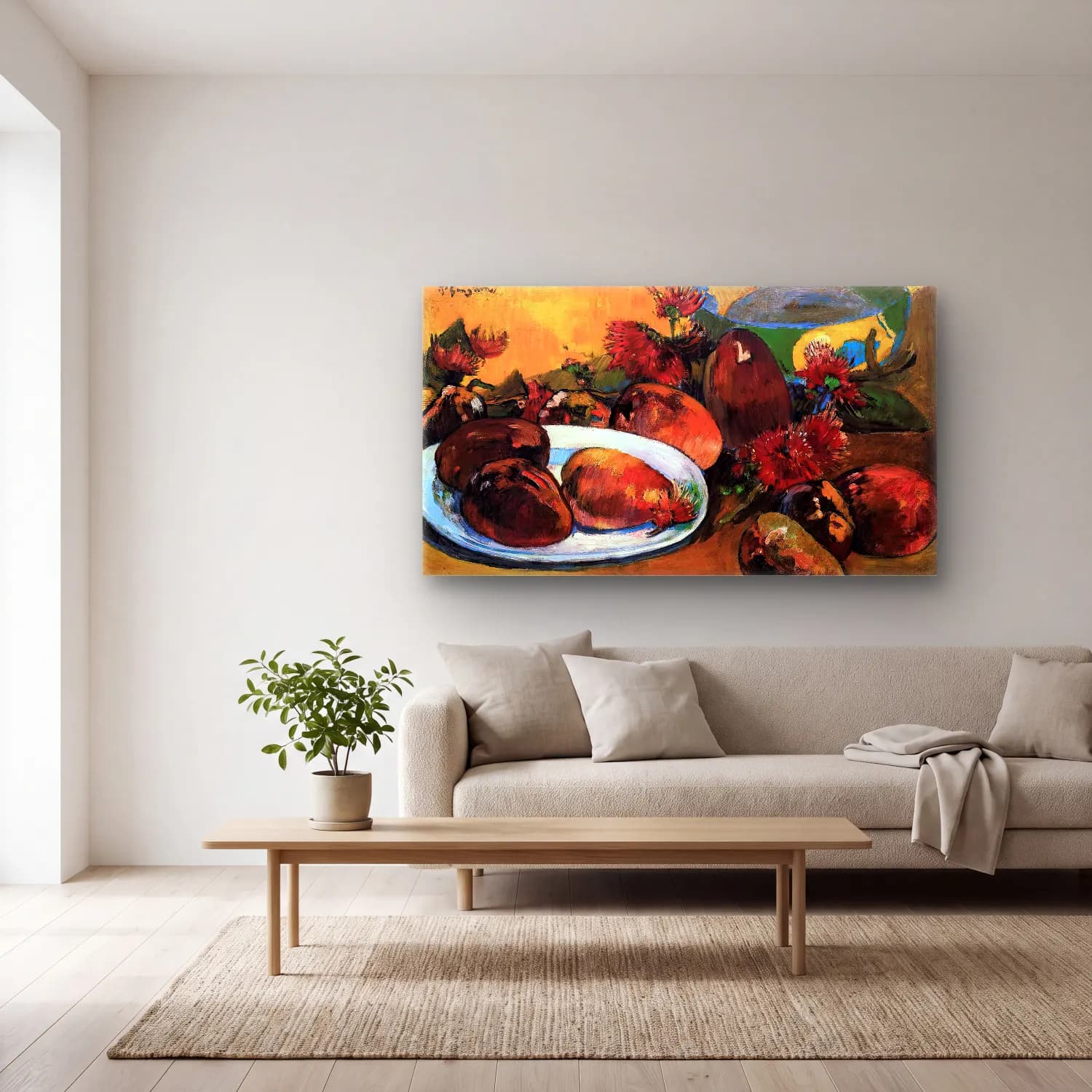 Paul Gauguin – Still-Life with Mangoes cam tablo — açık renk salonda