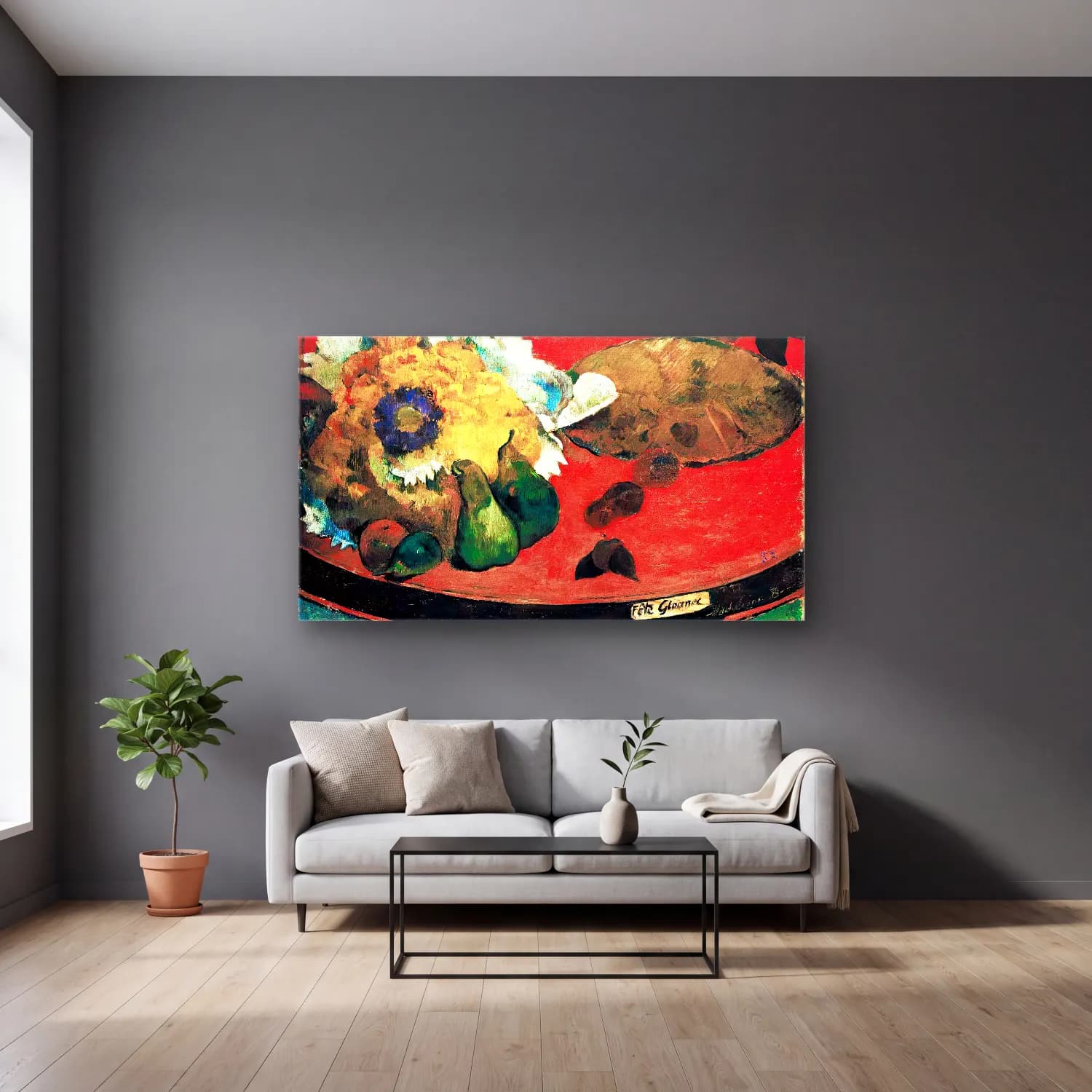 Paul Gauguin – Still-Life, Fête Gloanec cam tablo — gri duvarlı salonda