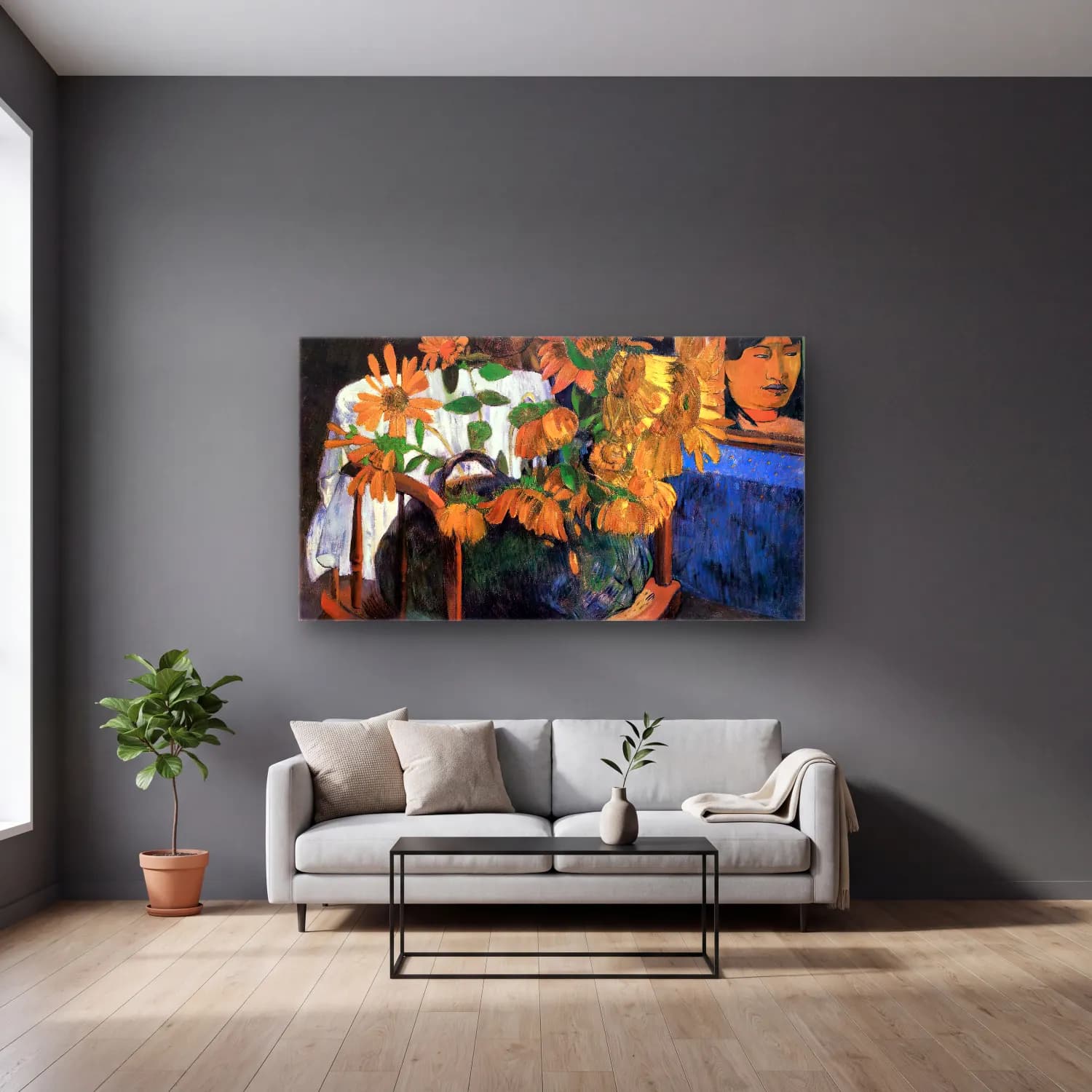 Paul Gauguin – Sunflowers in a Chair cam tablo — gri duvarlı salonda