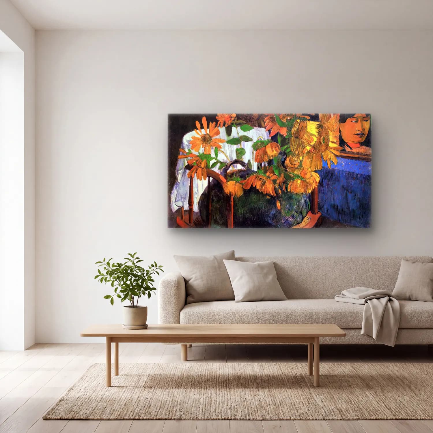 Paul Gauguin – Sunflowers in a Chair cam tablo — açık renk salonda