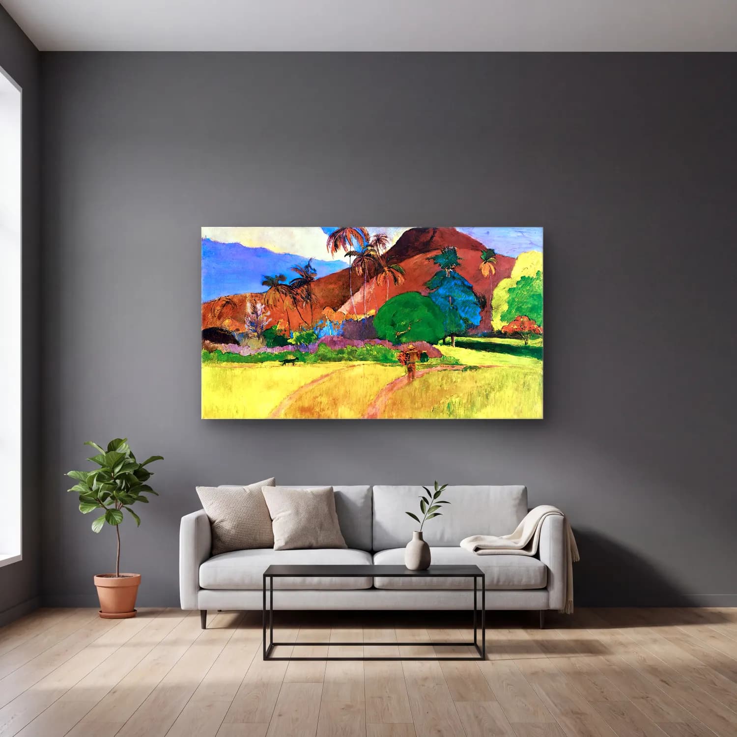 Paul Gauguin – Tahitian Landscape cam tablo — gri duvarlı salonda
