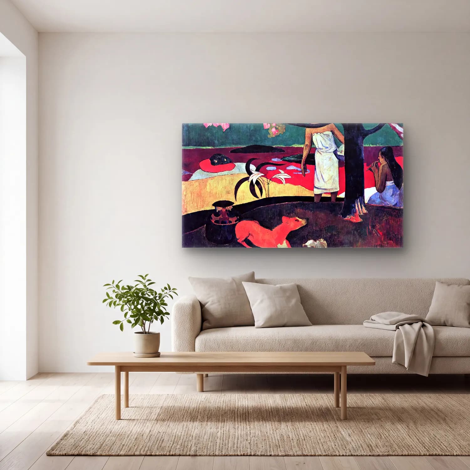 Paul Gauguin – Tahitian Pastorals cam tablo — açık renk salonda
