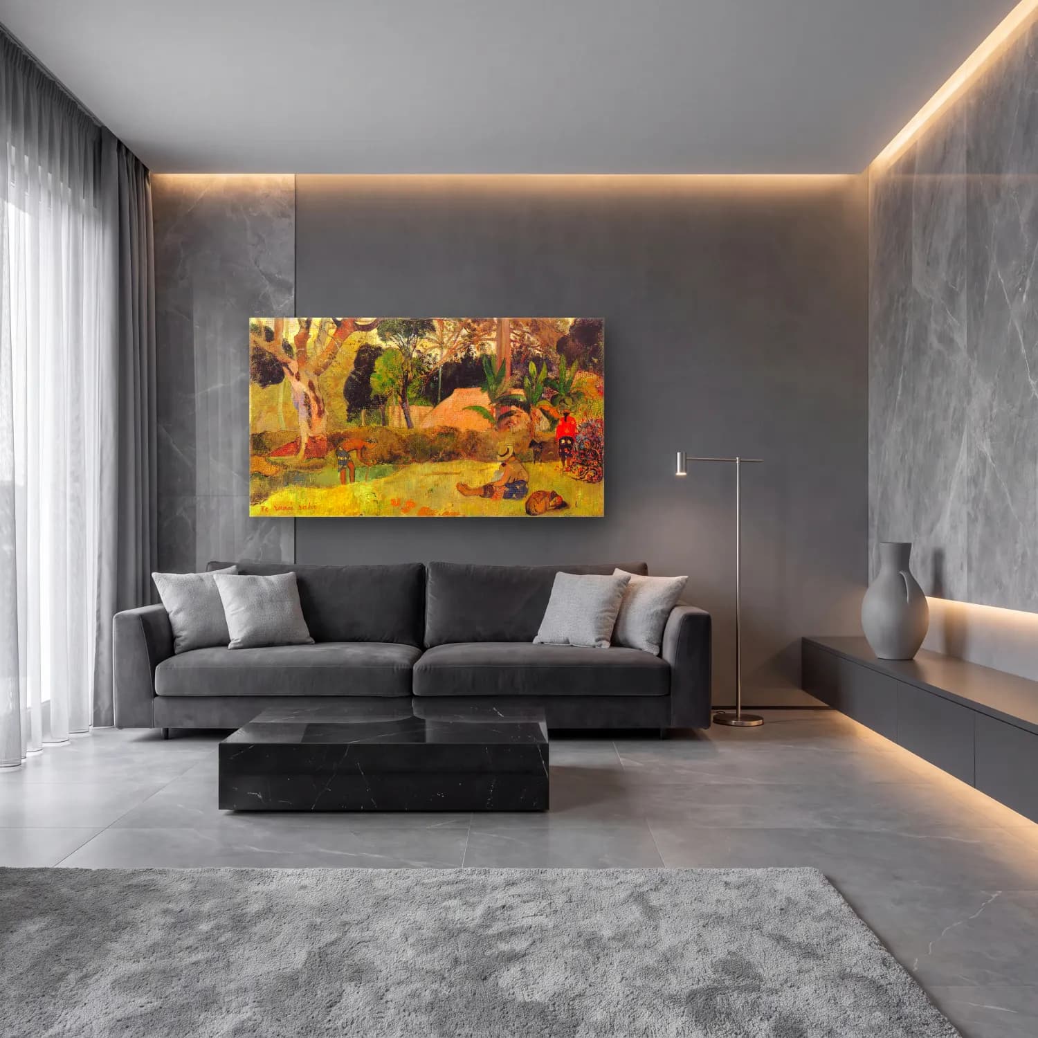 Paul Gauguin – Te Raai Rahi cam tablo — lüks salon duvarında