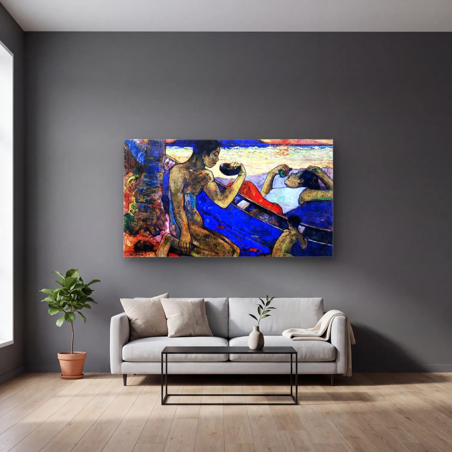 Paul Gauguin – Te Vaa (The Canoe) cam tablo — gri duvarlı salonda