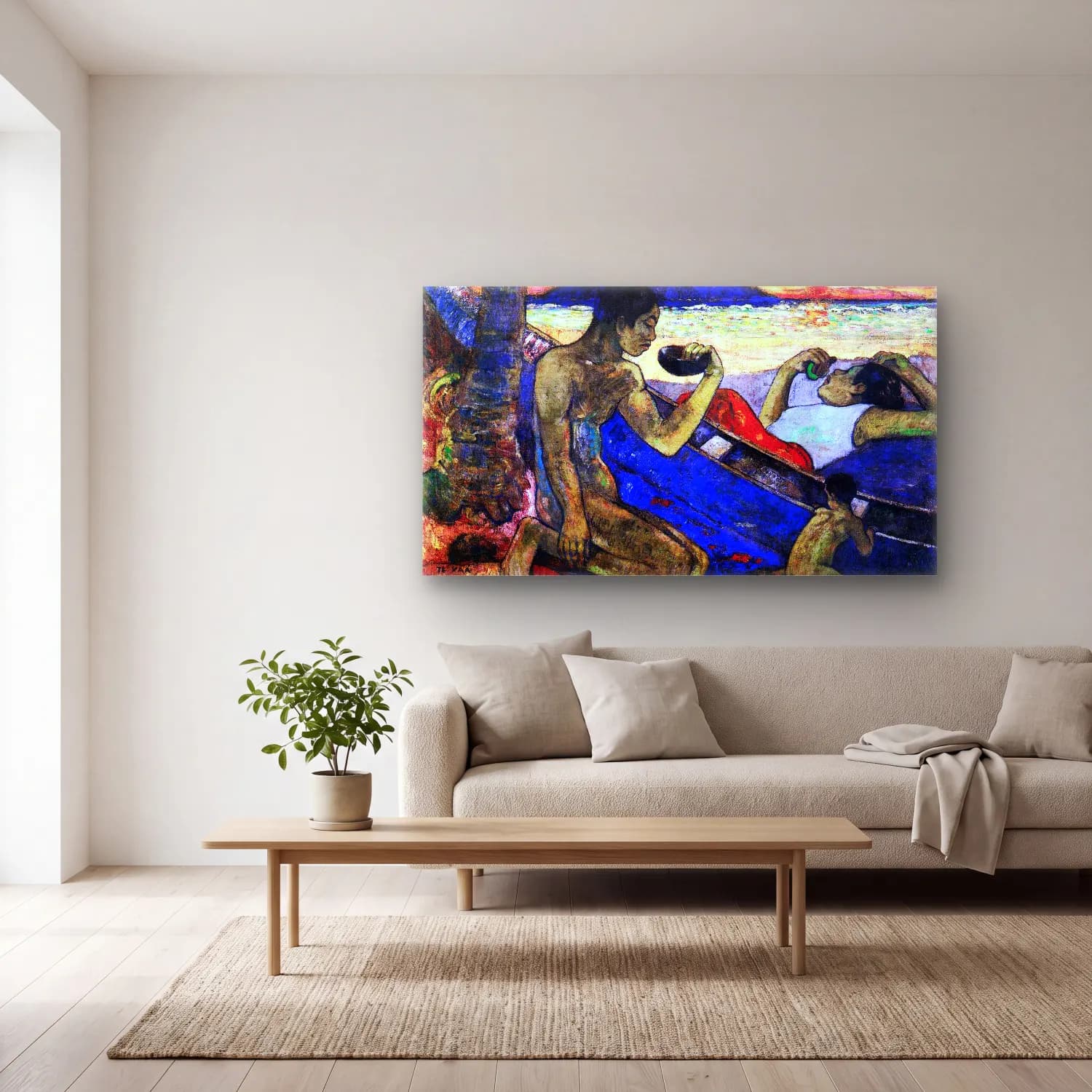Paul Gauguin – Te Vaa (The Canoe) cam tablo — açık renk salonda