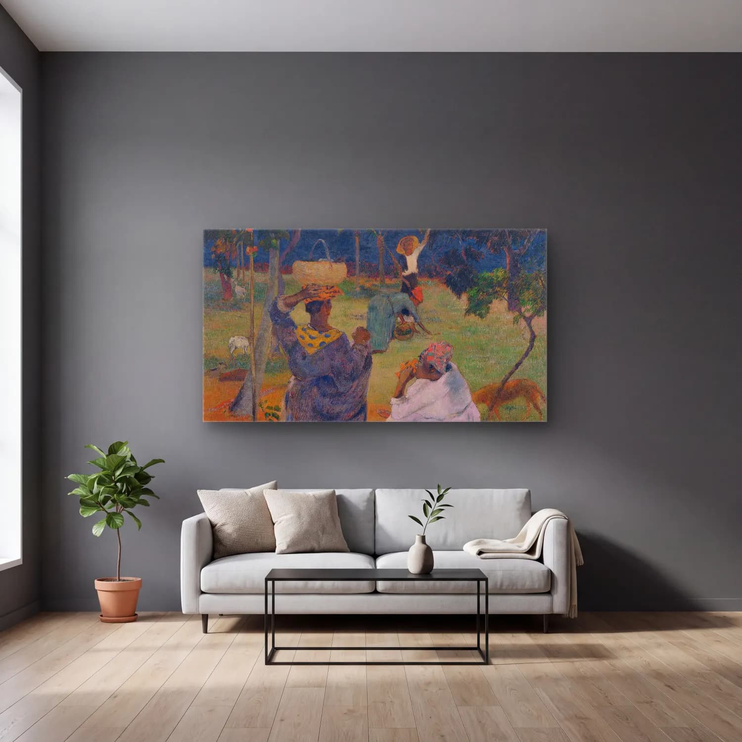 Paul Gauguin – The Mango Trees, Martinique cam tablo — gri duvarlı salonda