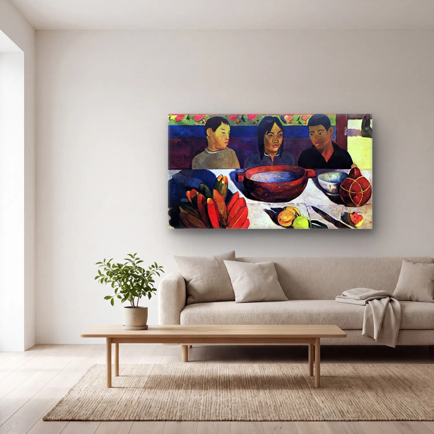 Paul Gauguin – The Meal (The Bananas) cam tablo — açık renk salonda