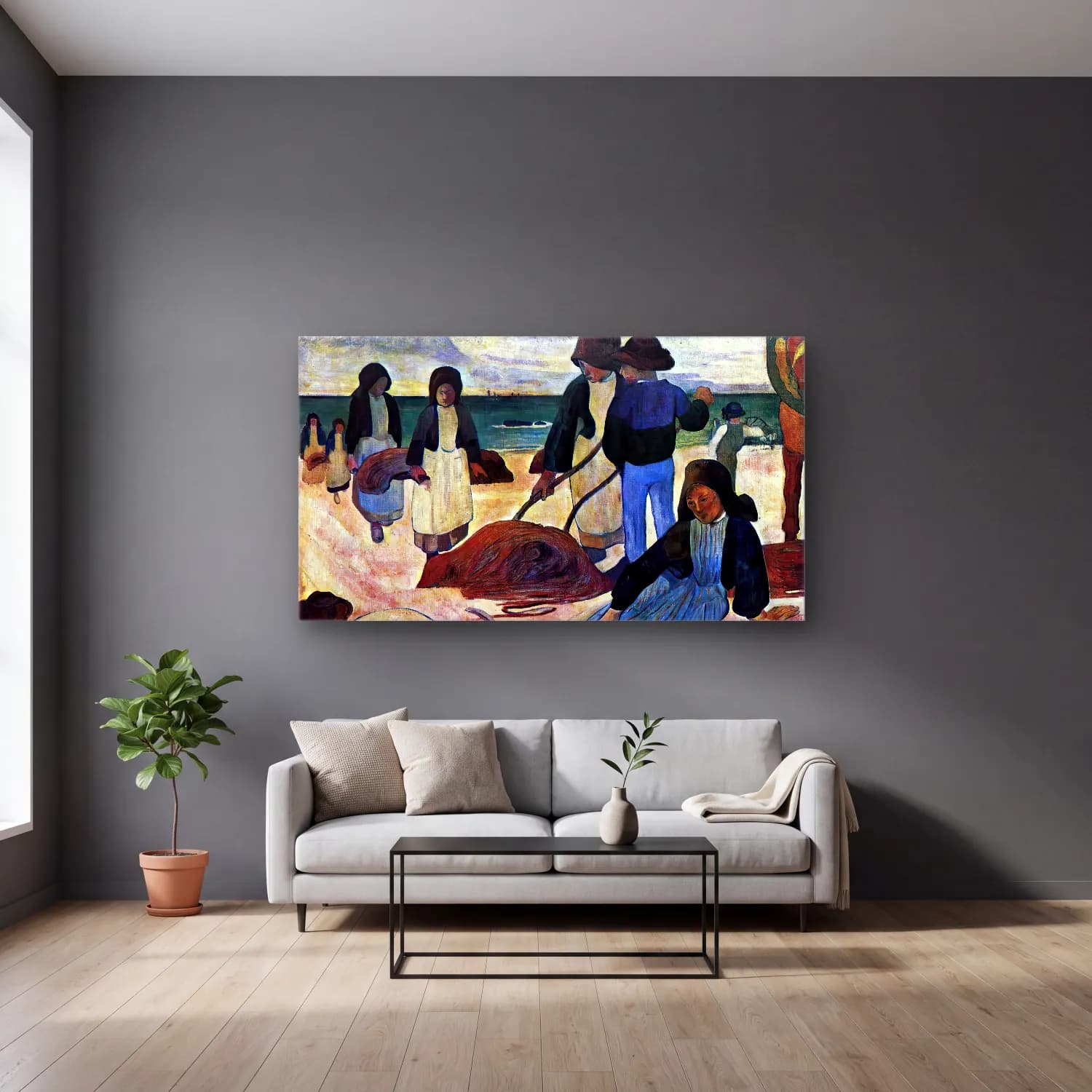 Paul Gauguin – The Seaweed Harvesters cam tablo — gri duvarlı salonda