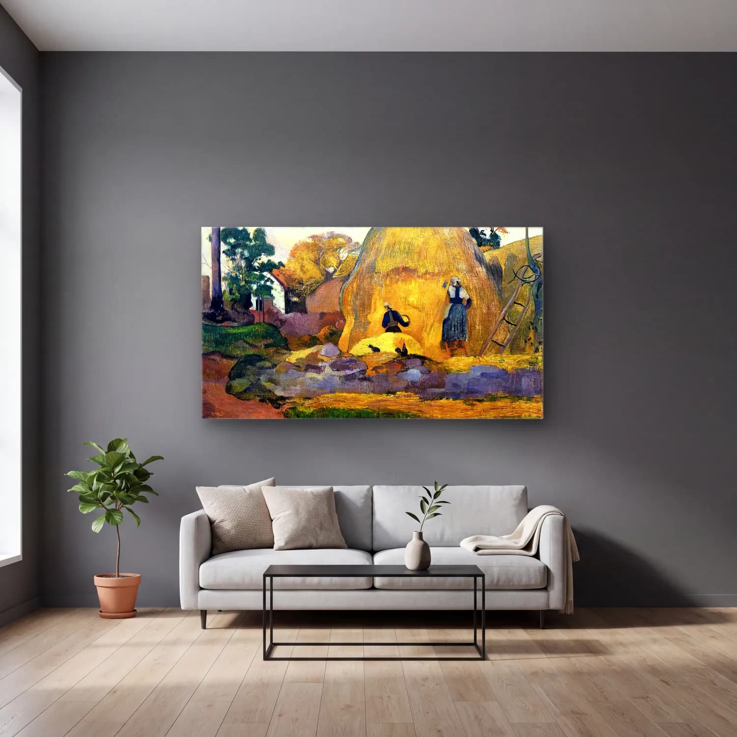 Paul Gauguin – The Yellow Haystacks (The Blond Harvest) cam tablo — gri duvarlı salonda