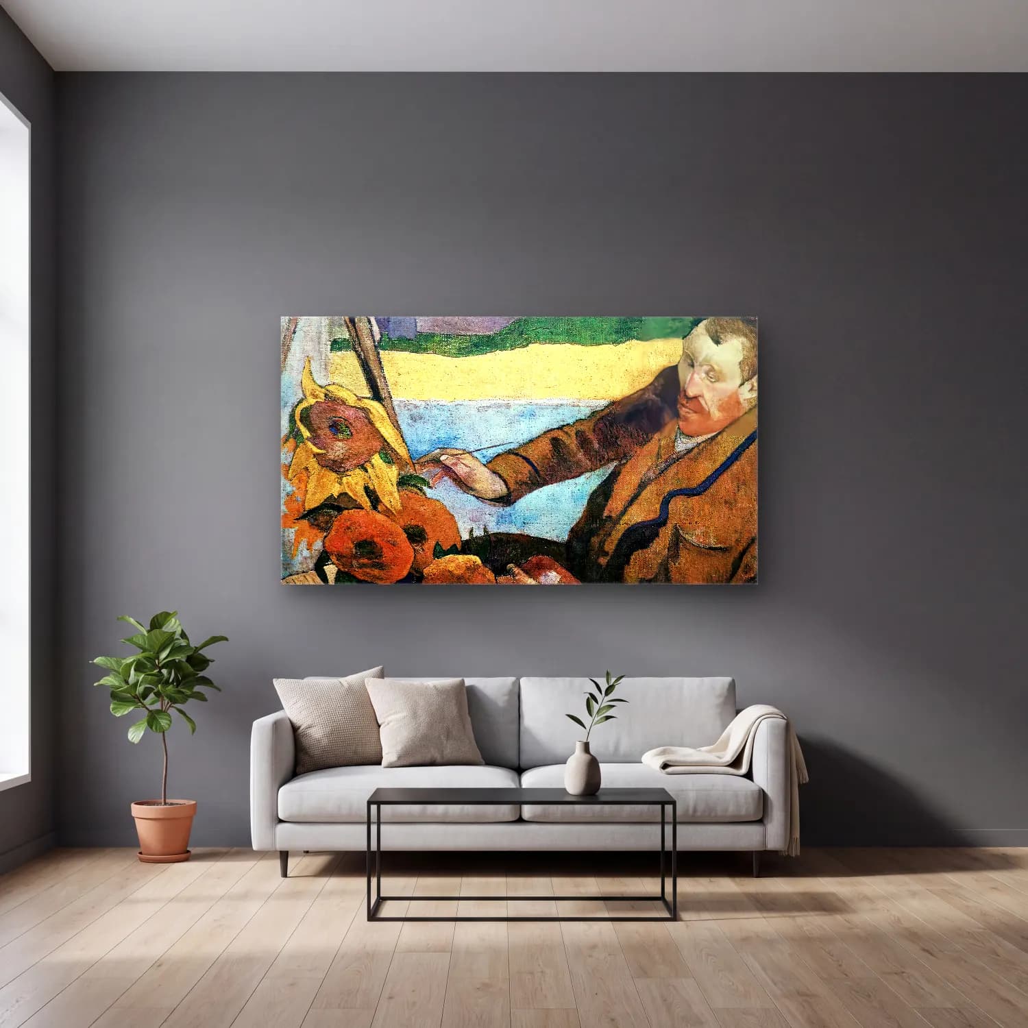 Paul Gauguin – Van Gogh Painting Sunflowers cam tablo — gri duvarlı salonda