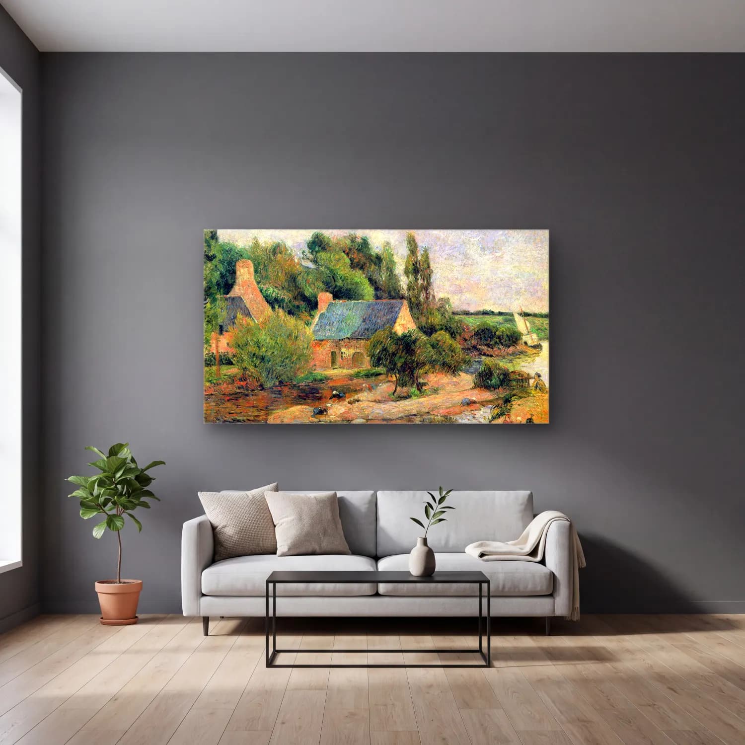 Paul Gauguin – Washerwomen at Pont-Aven cam tablo — gri duvarlı salonda