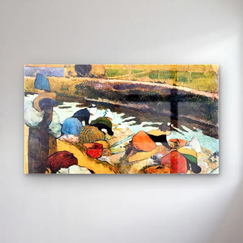 Paul Gauguin – Washerwomen cam tablo — Paul Gauguin – Washerwomen — empresyonist kırda nehir