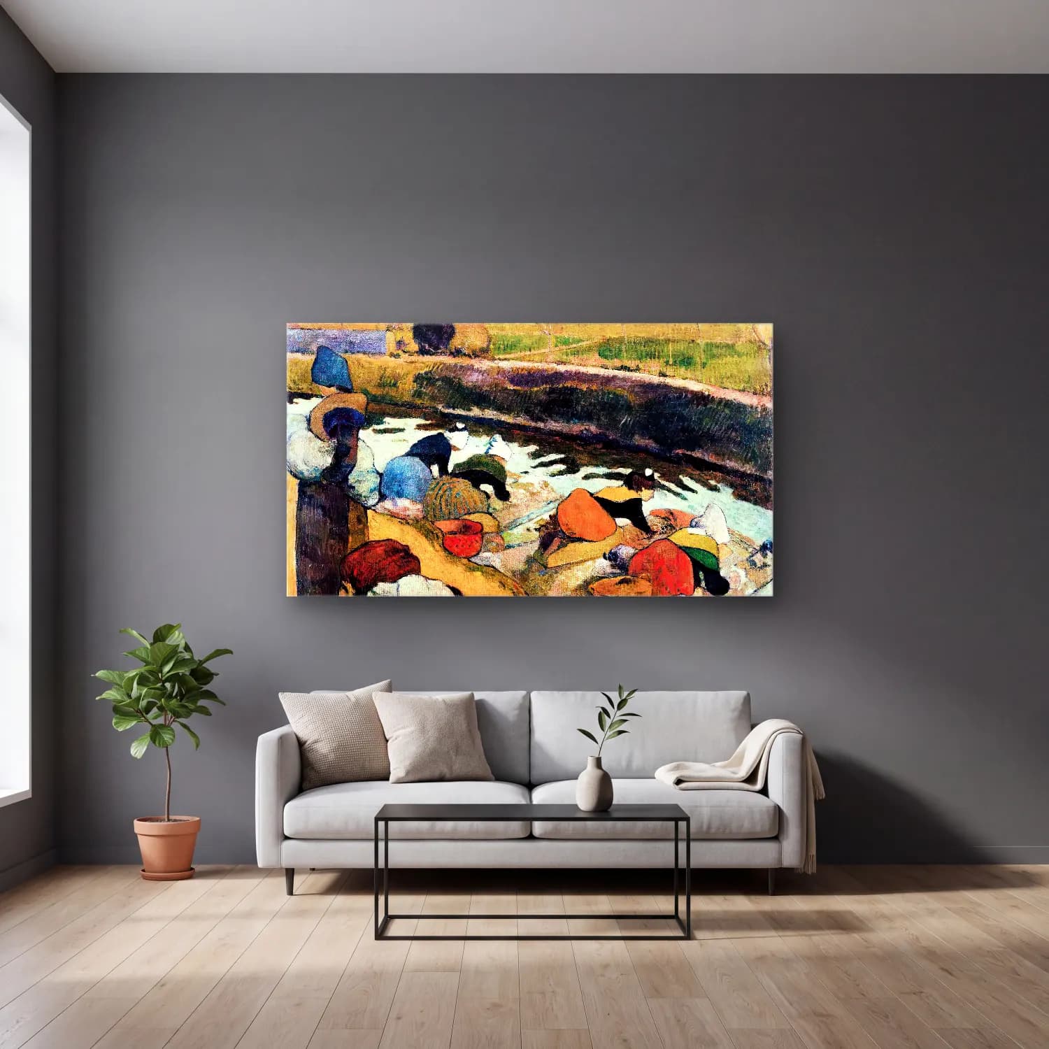 Paul Gauguin – Washerwomen cam tablo — gri duvarlı salonda