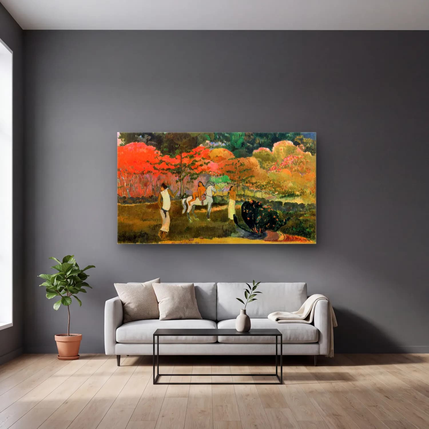 Paul Gauguin – Women and Mold cam tablo — gri duvarlı salonda