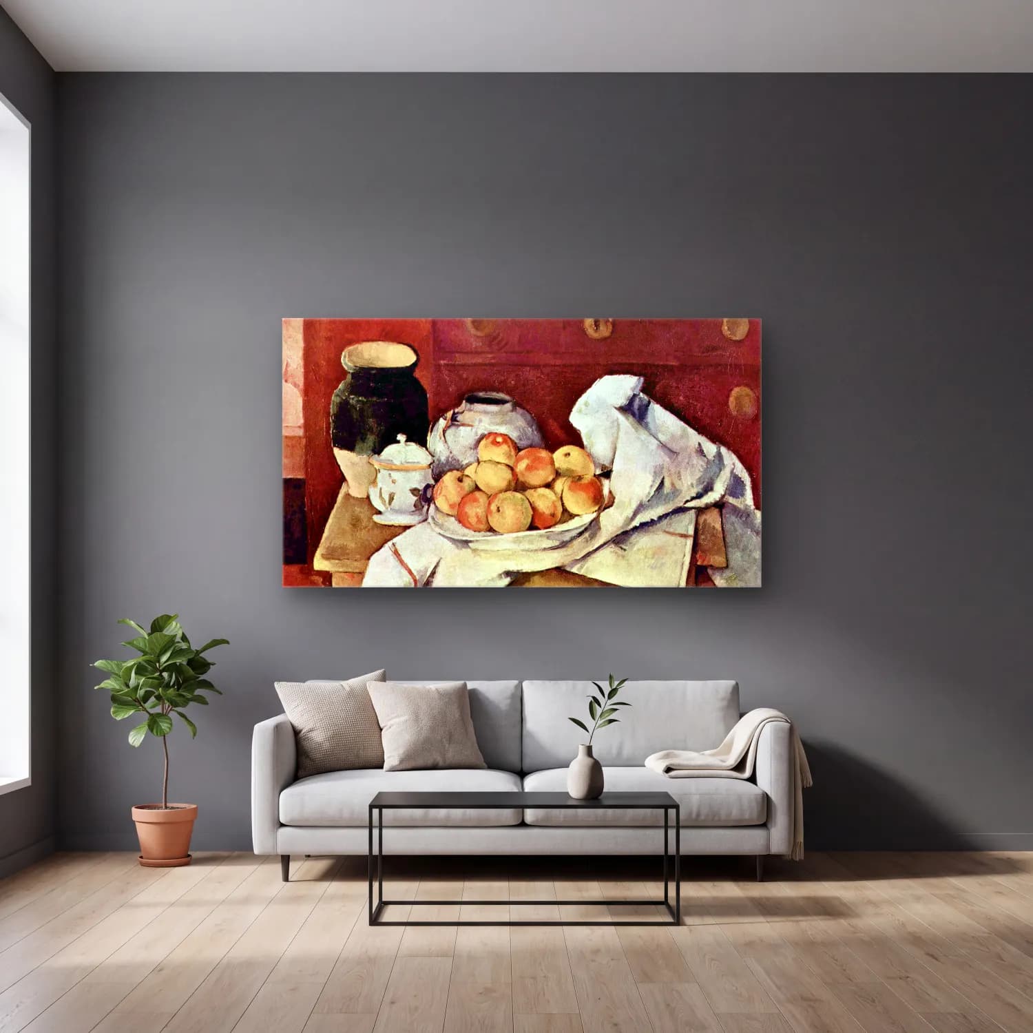 Cezanne – Still Life cam tablo — gri duvarlı salonda