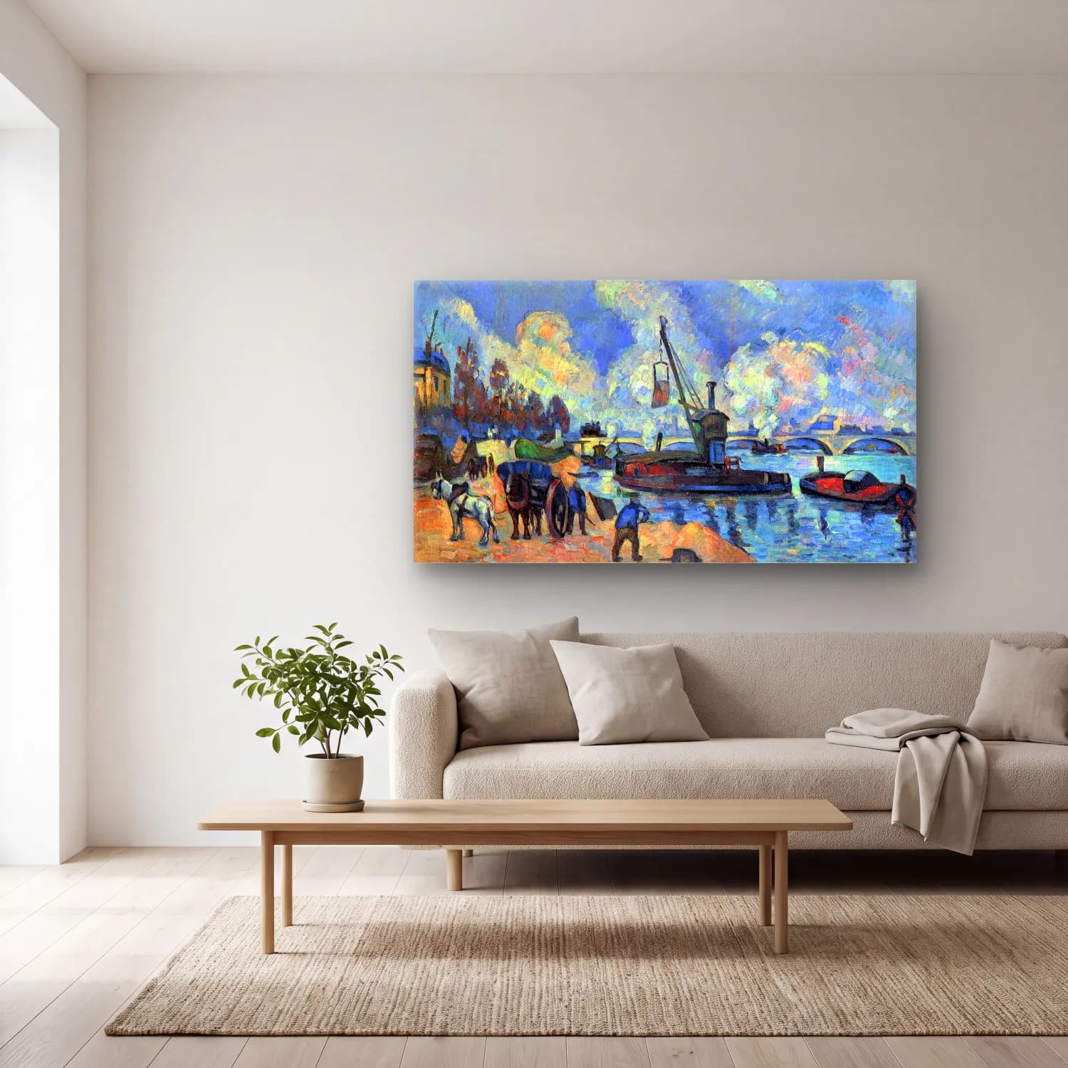 Cezanne – The Seine at Bercy cam tablo — açık renk salonda