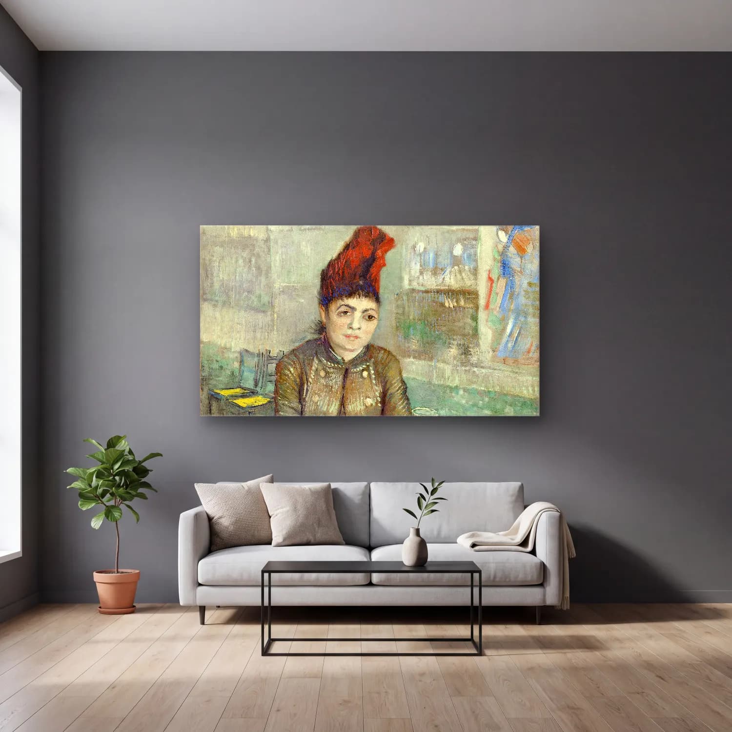 Vincent van Gogh – Agostina Segatori cam tablo — gri duvarlı salonda