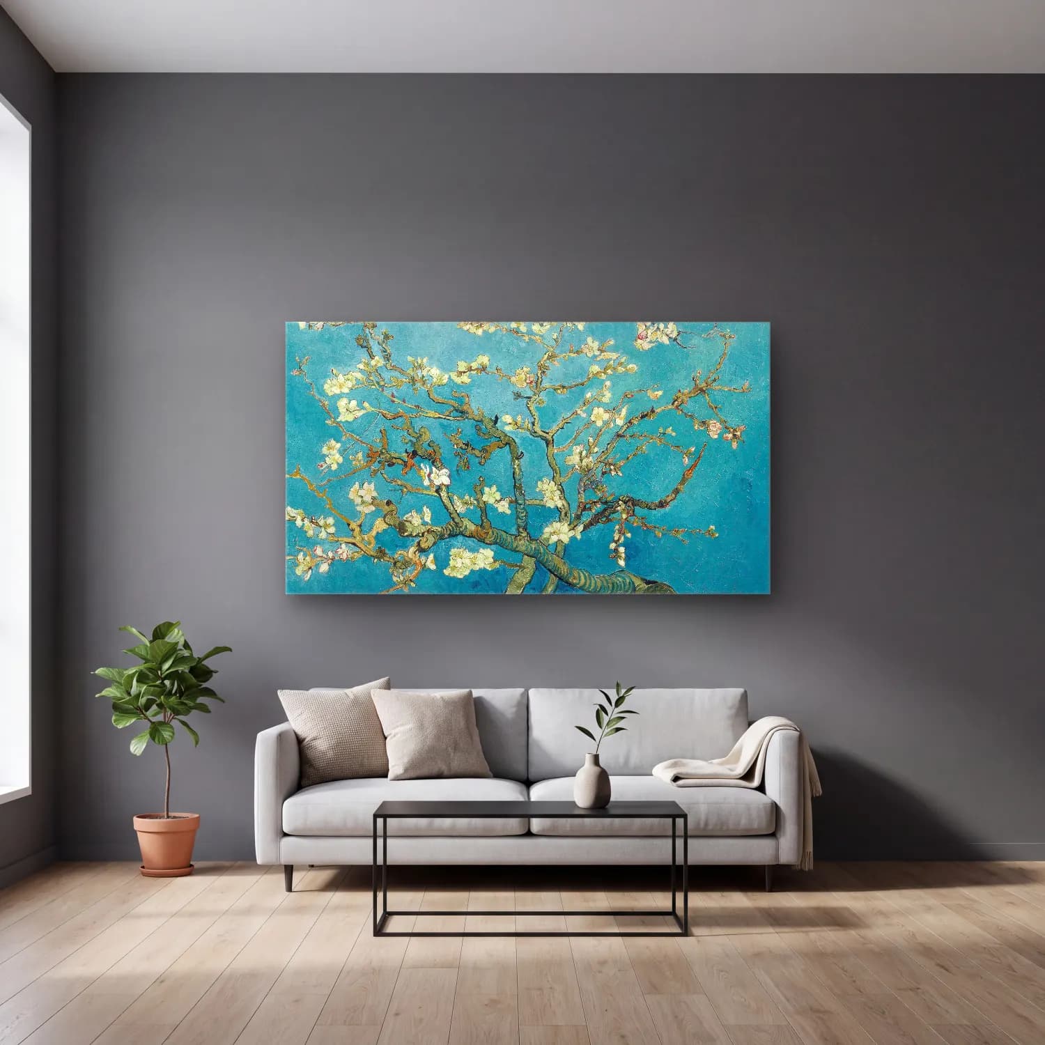 Vincent van Gogh – Almond blossom cam tablo — gri duvarlı salonda