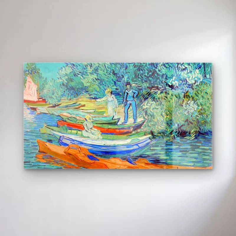 Vincent van Gogh – Bank of the Oise at Auvers – Turkuaz Tonlar cam tablo — Vincent van Gogh – Bank of the Oise at Auvers – Turkuaz Tonlar — empresyonist sahilde i̇nsanlar