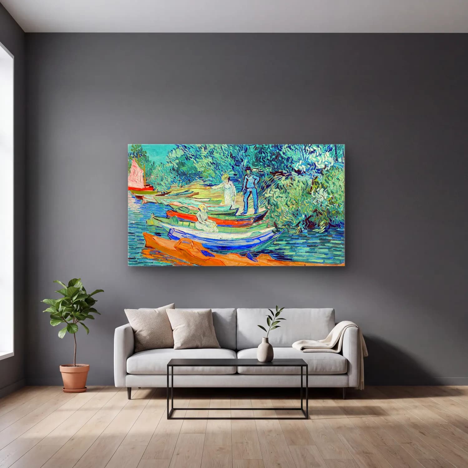 Vincent van Gogh – Bank of the Oise at Auvers – Turkuaz Tonlar cam tablo — gri duvarlı salonda