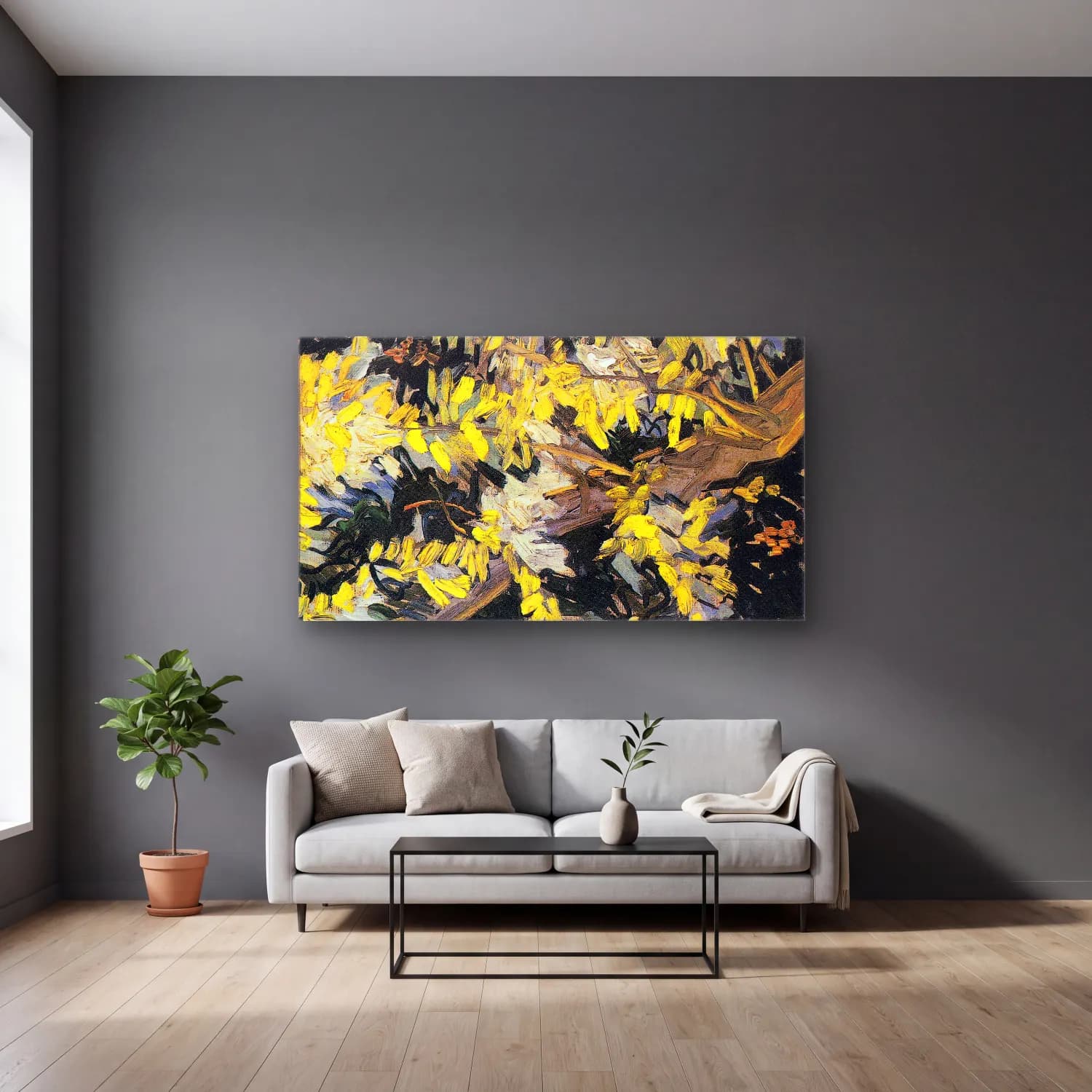 Vincent van Gogh – Blossoming Acacia Branches – Sarı Tonlar cam tablo — gri duvarlı salonda