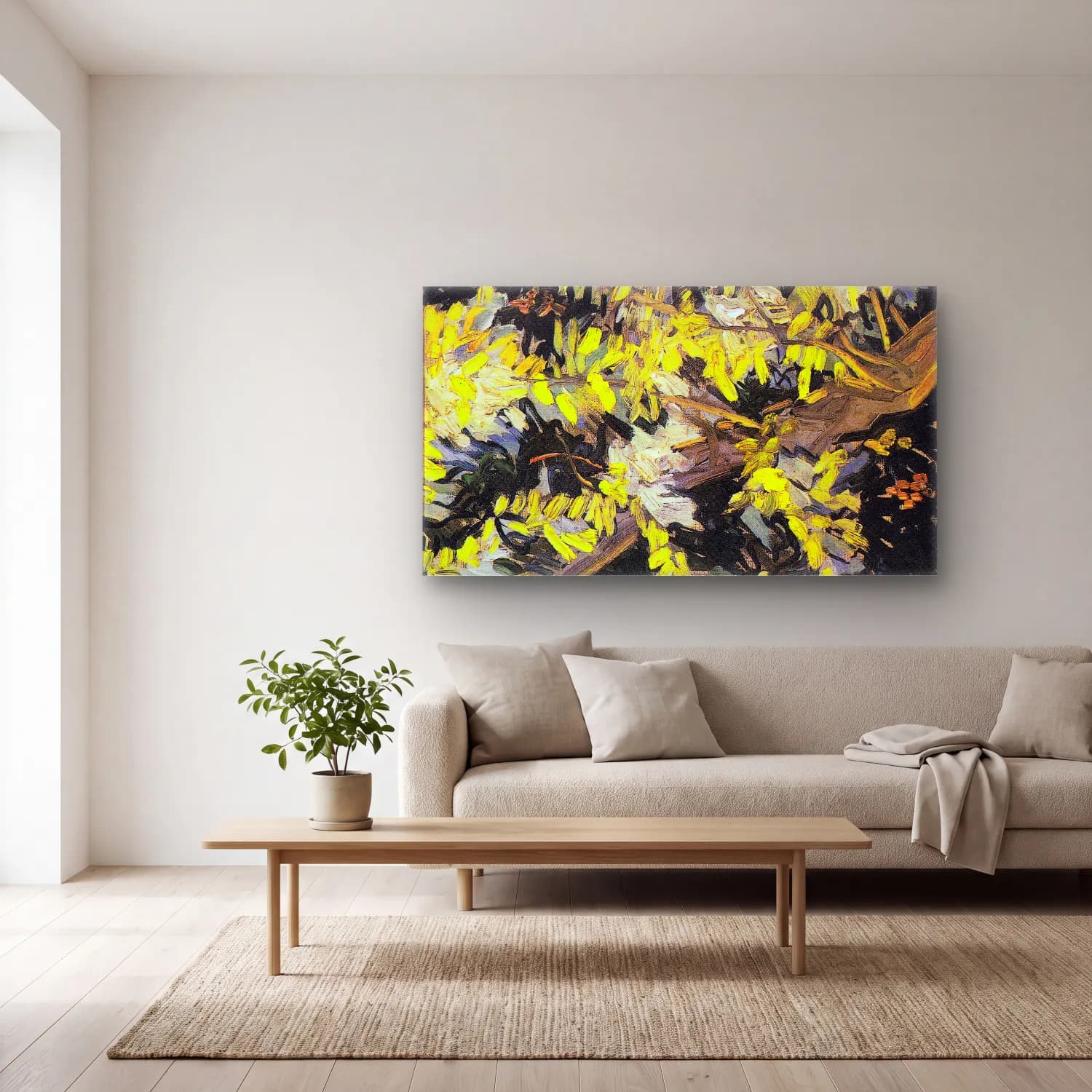 Vincent van Gogh – Blossoming Acacia Branches – Sarı Tonlar cam tablo — açık renk salonda