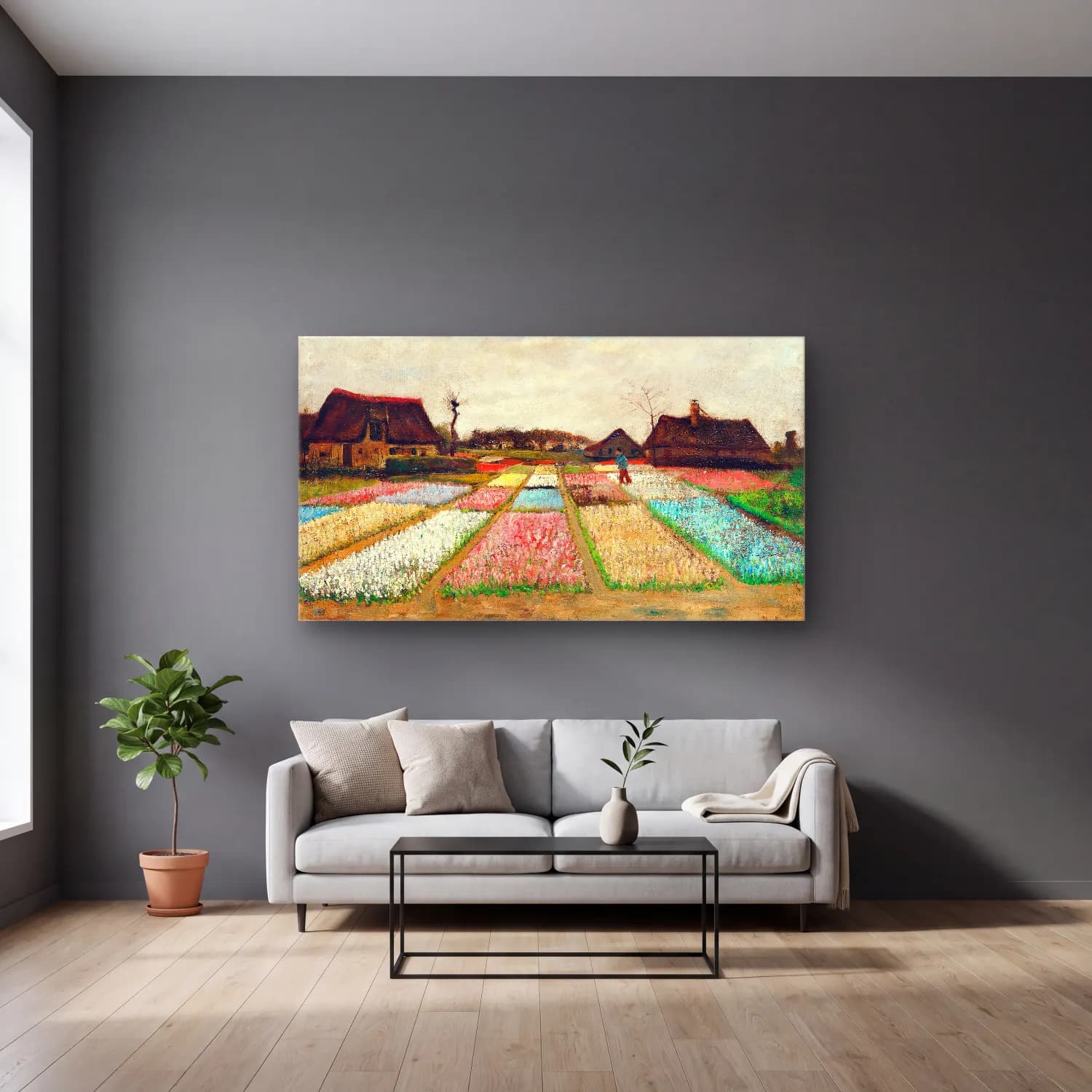 Vincent van Gogh – Bulb Fields cam tablo — gri duvarlı salonda
