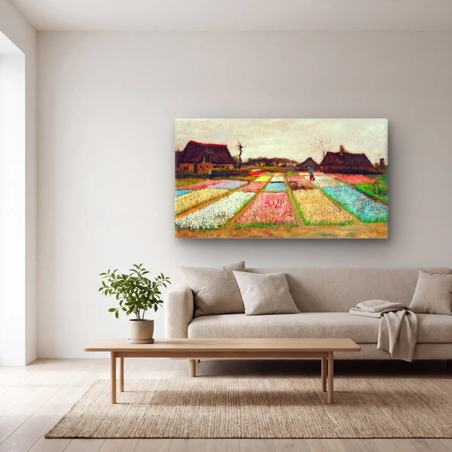 Vincent van Gogh – Bulb Fields cam tablo — açık renk salonda
