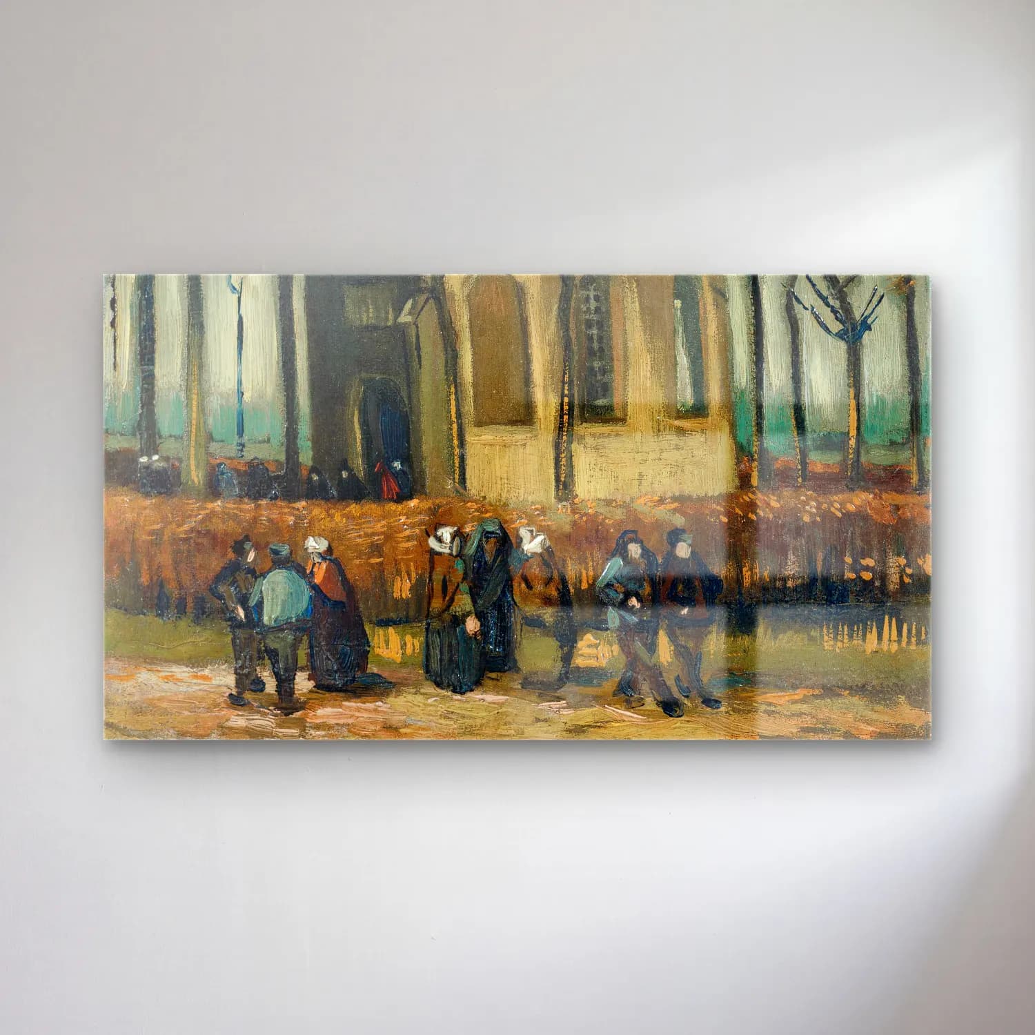 Vincent van Gogh – Congregation Leaving the Reformed Church in Nuenen – Bej Tonlar cam tablo — Vincent van Gogh – Congregation Leaving the Reformed Church in Nuenen – Bej Tonlar — empresyonist dini sahne