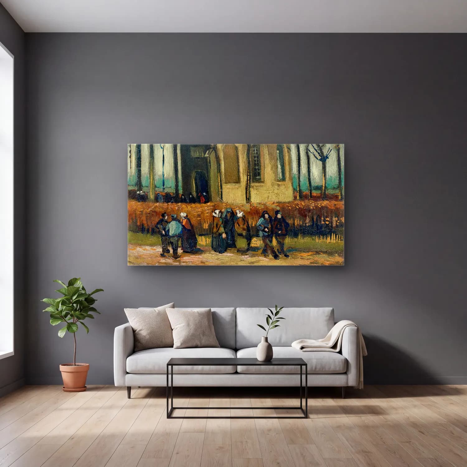 Vincent van Gogh – Congregation Leaving the Reformed Church in Nuenen – Bej Tonlar cam tablo — gri duvarlı salonda