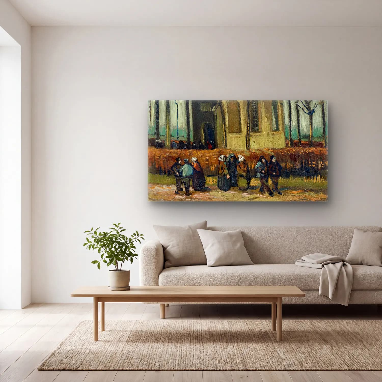 Vincent van Gogh – Congregation Leaving the Reformed Church in Nuenen – Bej Tonlar cam tablo — açık renk salonda