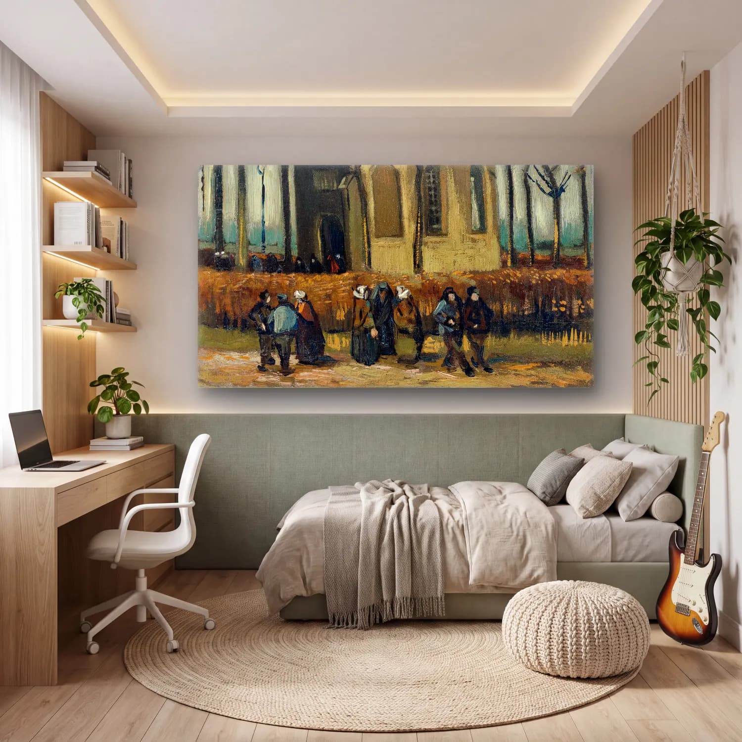 Vincent van Gogh – Congregation Leaving the Reformed Church in Nuenen – Bej Tonlar cam tablo — genç odasında