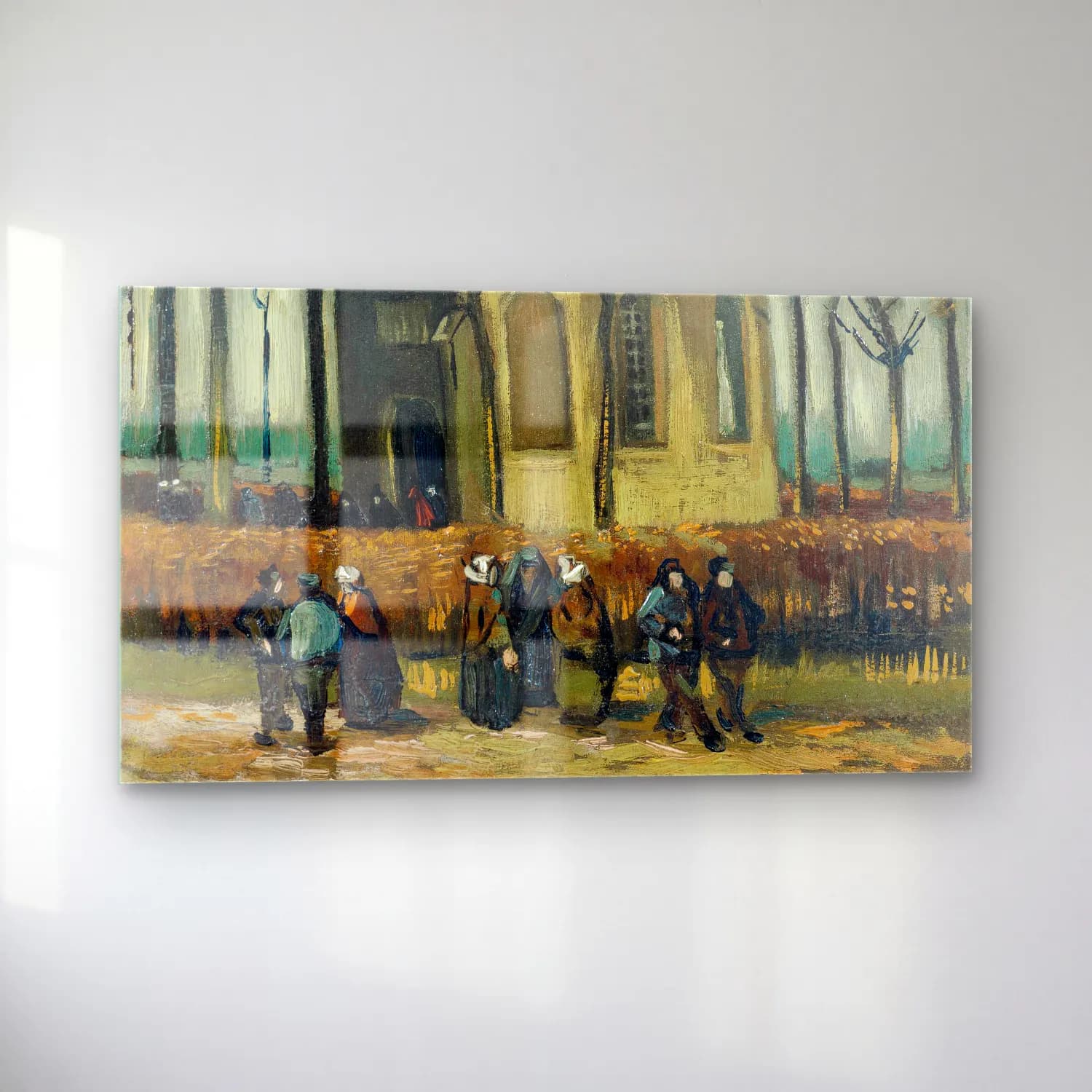 Vincent van Gogh – Congregation Leaving the Reformed Church in Nuenen – Bej Tonlar cam tablo — sol açıdan görünüm
