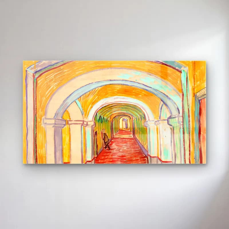 Vincent van Gogh – Corridor in the Asylum – Sarı Tonlar cam tablo — Vincent van Gogh – Corridor in the Asylum – Sarı Tonlar — empresyonist soyut kemer