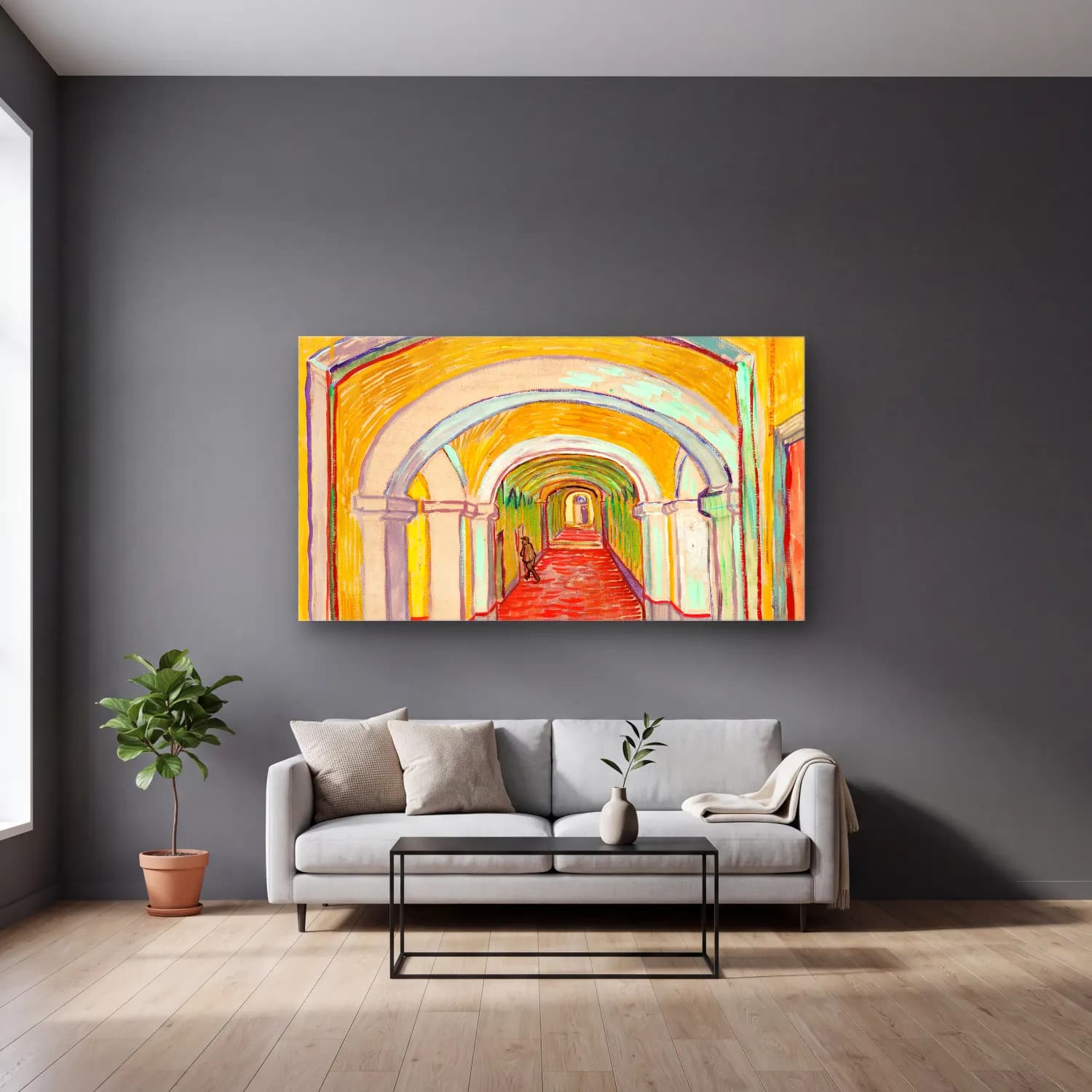 Vincent van Gogh – Corridor in the Asylum – Sarı Tonlar cam tablo — gri duvarlı salonda