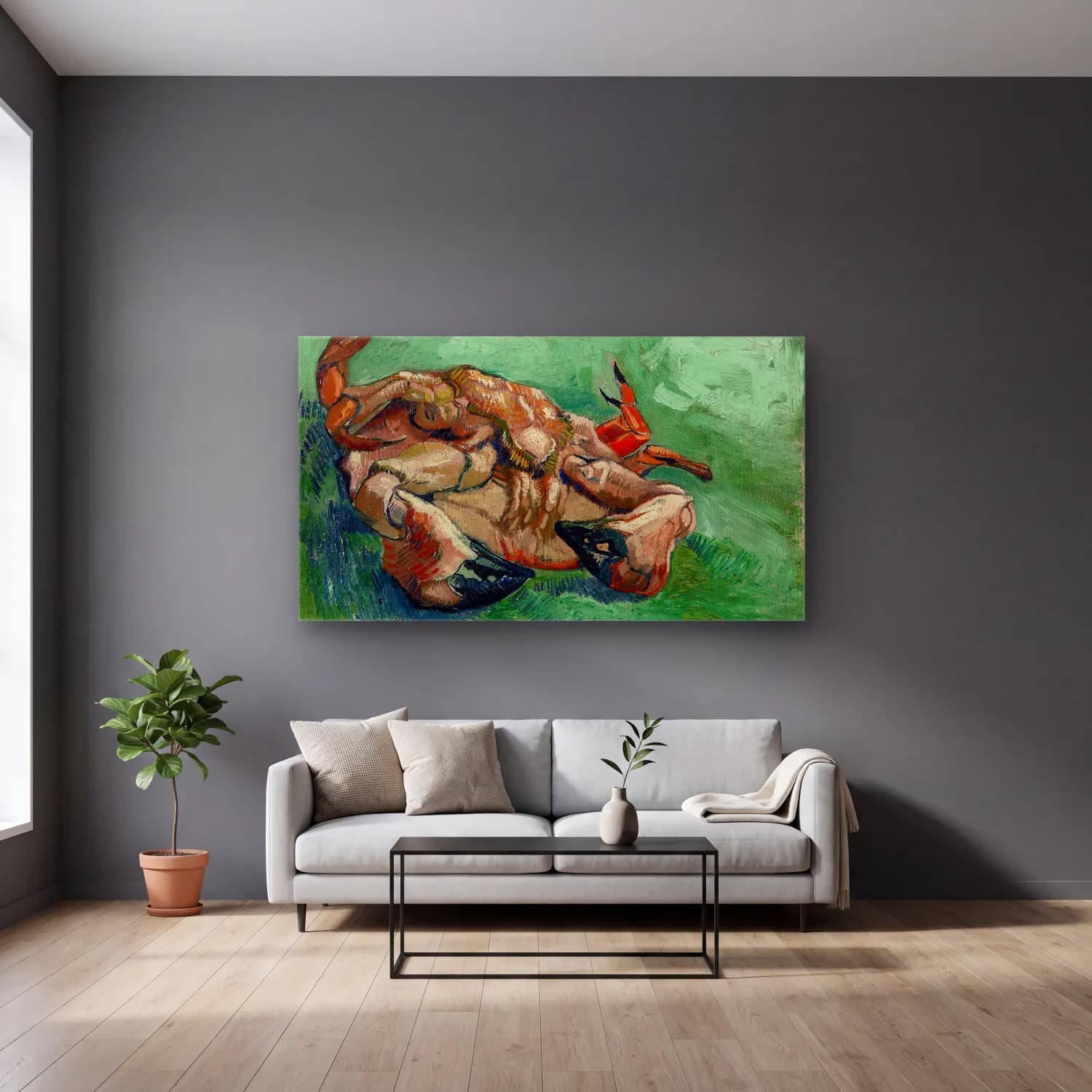 Vincent van Gogh – Crab on its Back cam tablo — gri duvarlı salonda