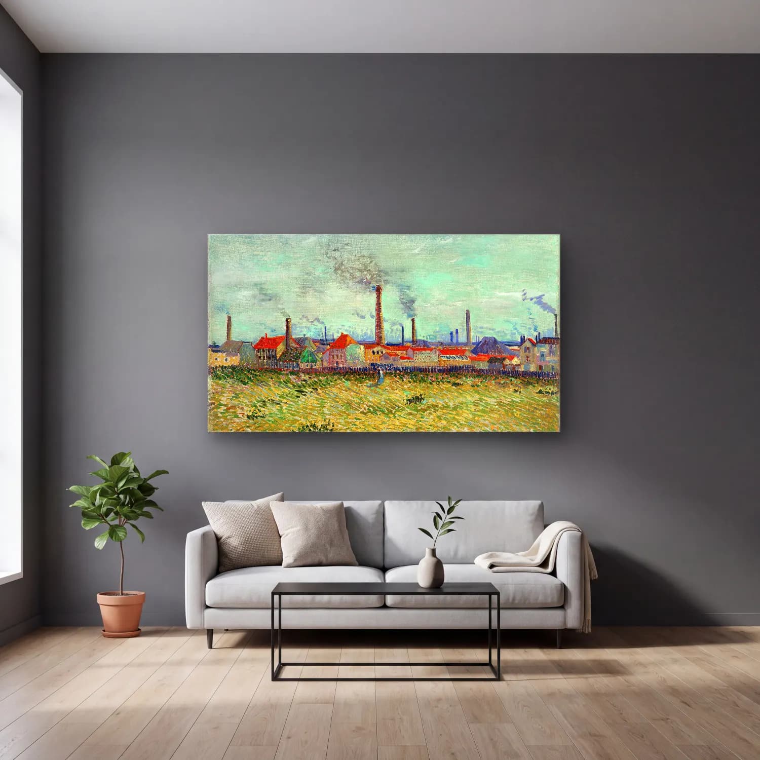 Vincent van Gogh – Factories at Clichy cam tablo — gri duvarlı salonda