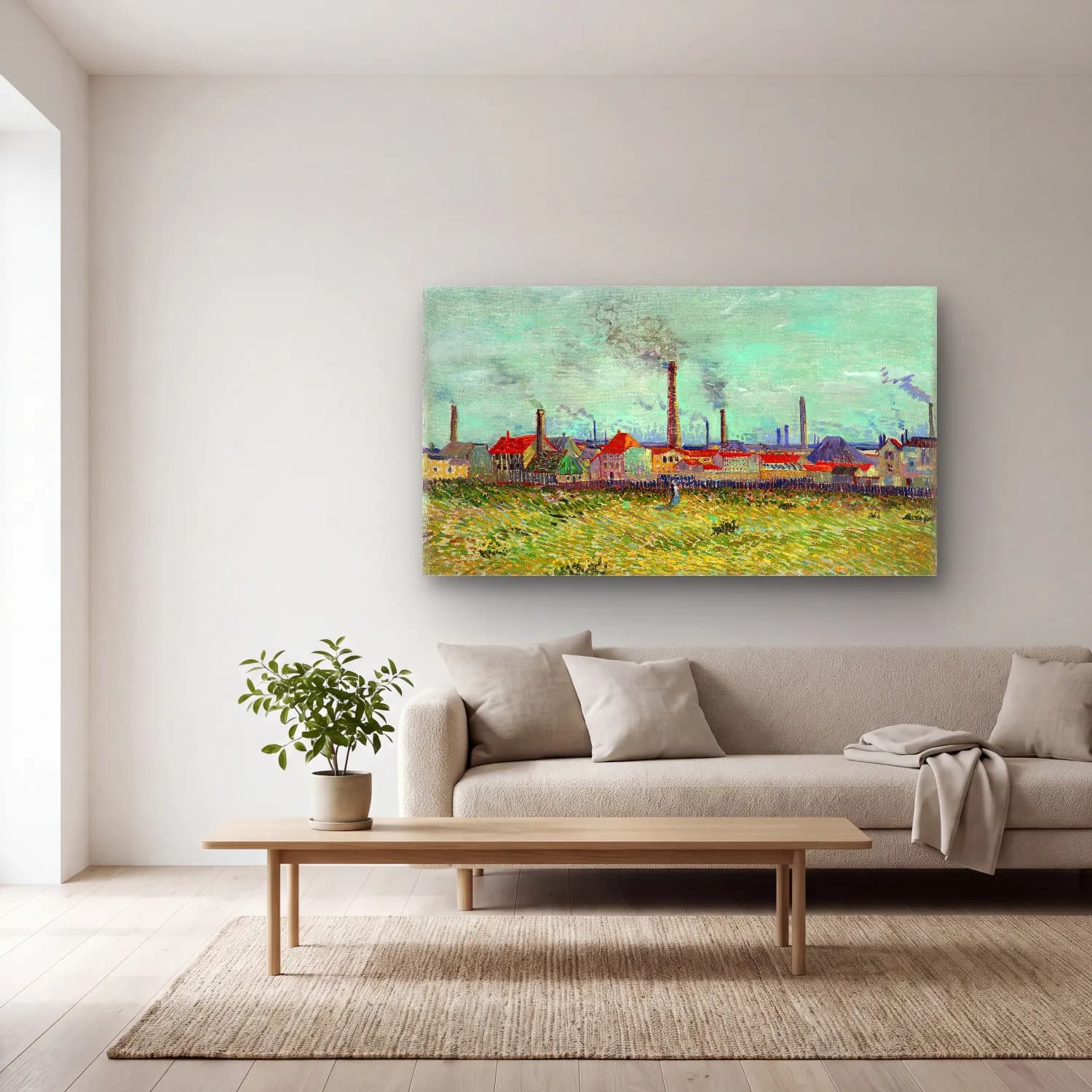 Vincent van Gogh – Factories at Clichy cam tablo — açık renk salonda