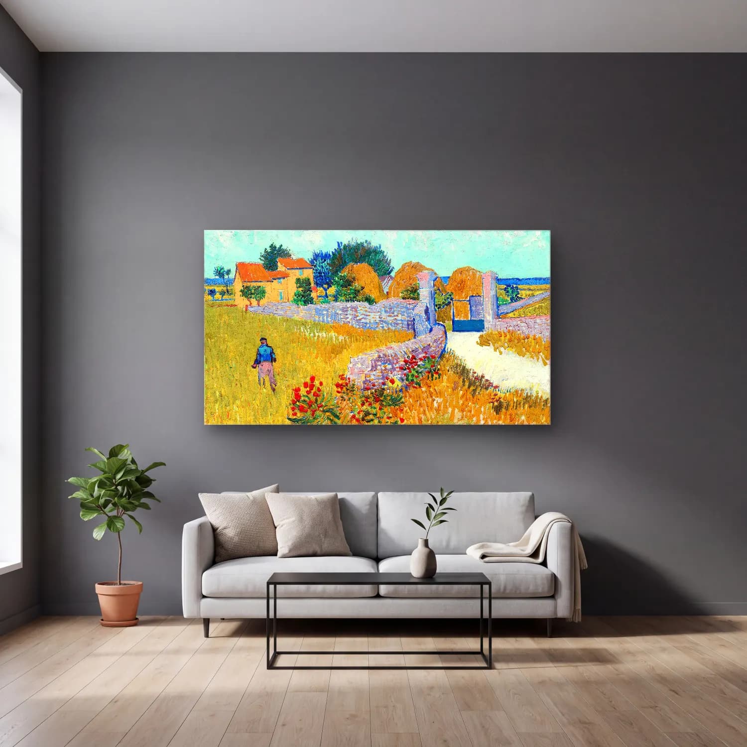 Vincent van Gogh – Farmhouse in Provence – Sarı Tonlar cam tablo — gri duvarlı salonda