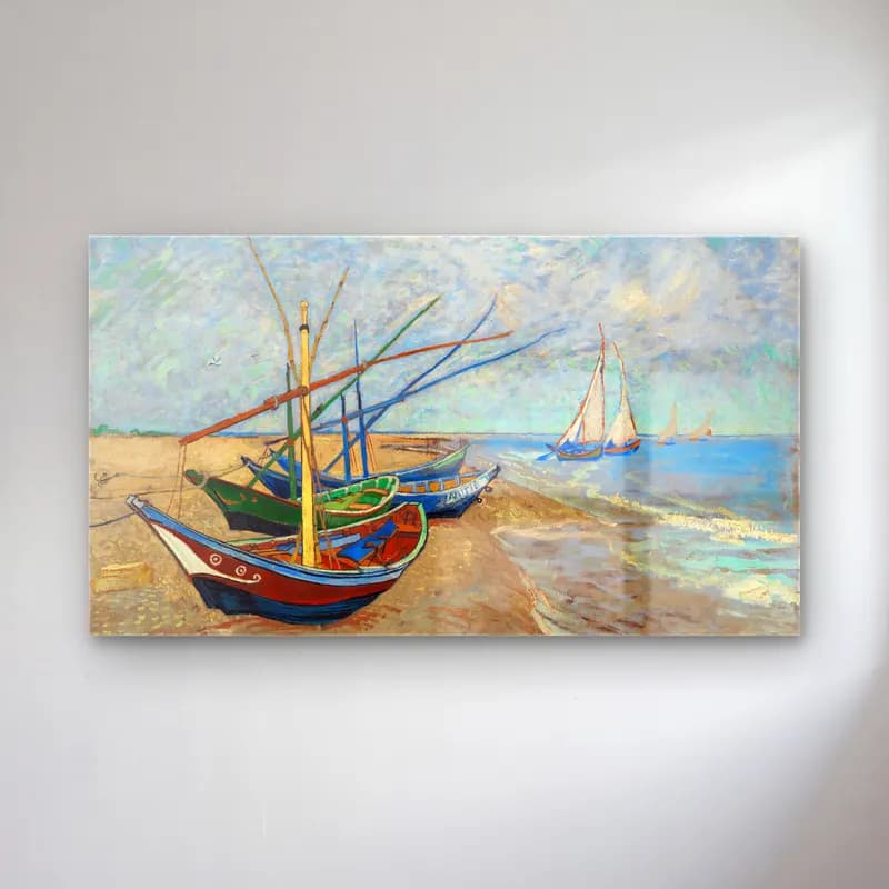 Vincent van Gogh – Fishing Boats on the Beach at Saintes-Maries cam tablo — Vincent van Gogh – Fishing Boats on the Beach at Saintes-Maries — empresyonist yelkenliler