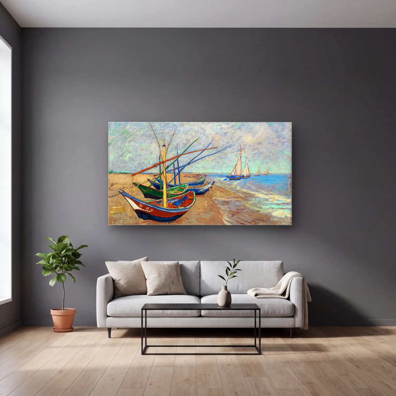 Vincent van Gogh – Fishing Boats on the Beach at Saintes-Maries cam tablo — gri duvarlı salonda