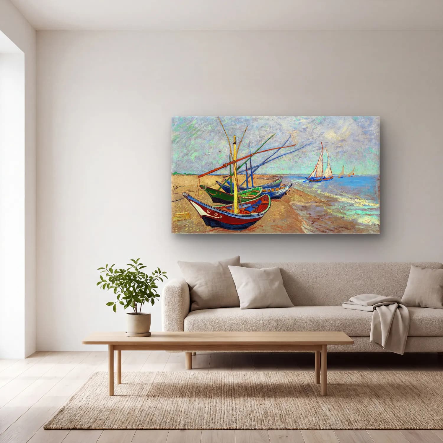 Vincent van Gogh – Fishing Boats on the Beach at Saintes-Maries cam tablo — açık renk salonda
