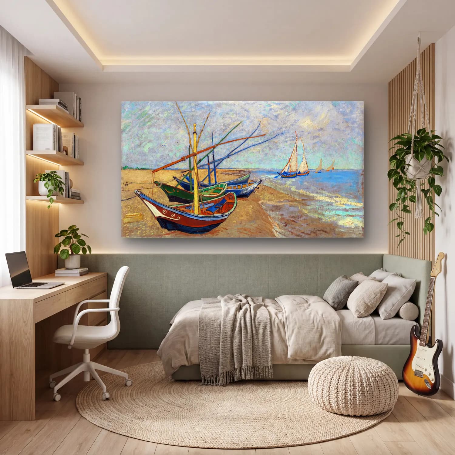Vincent van Gogh – Fishing Boats on the Beach at Saintes-Maries cam tablo — genç odasında