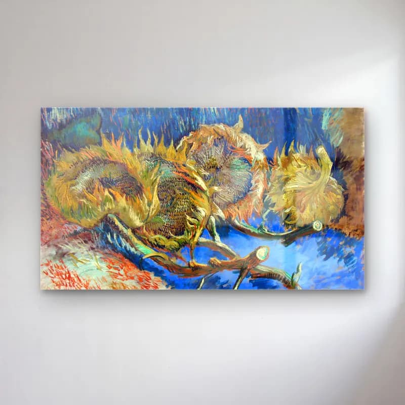 Vincent van Gogh – Four Withered Sunflowers – Mavi Tonlar cam tablo — Vincent van Gogh – Four Withered Sunflowers – Mavi Tonlar — empresyonist ayçiçekleri