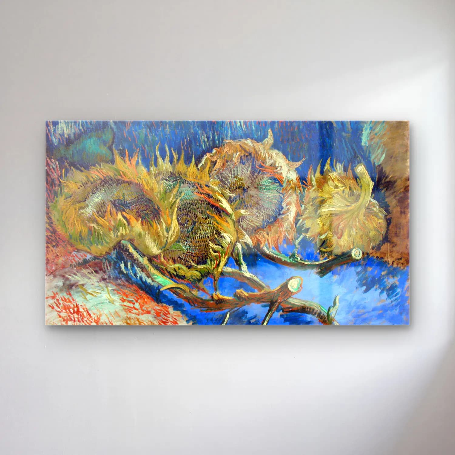 Vincent van Gogh – Four Withered Sunflowers – Mavi Tonlar cam tablo — Vincent van Gogh – Four Withered Sunflowers – Mavi Tonlar — empresyonist ayçiçekleri