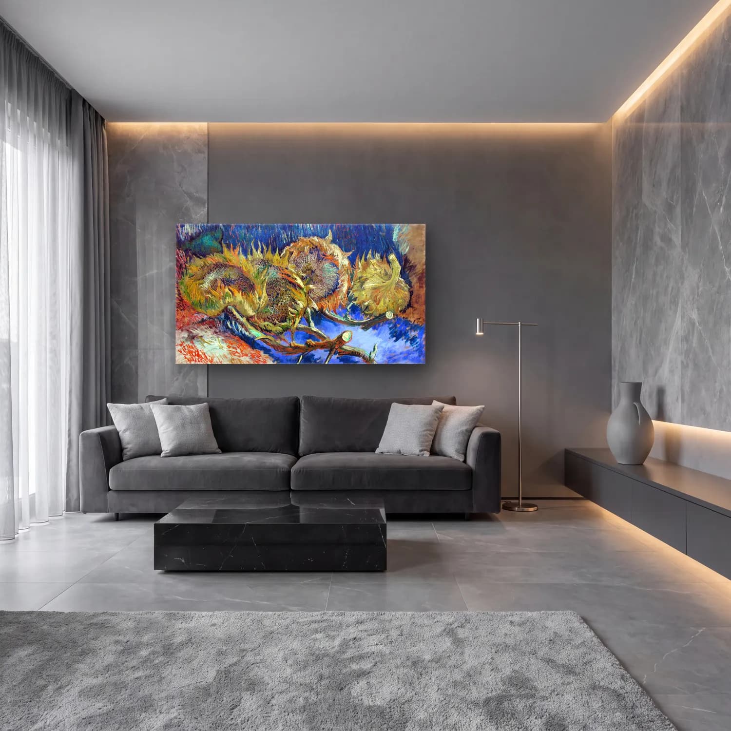 Vincent van Gogh – Four Withered Sunflowers – Mavi Tonlar cam tablo — lüks salon duvarında