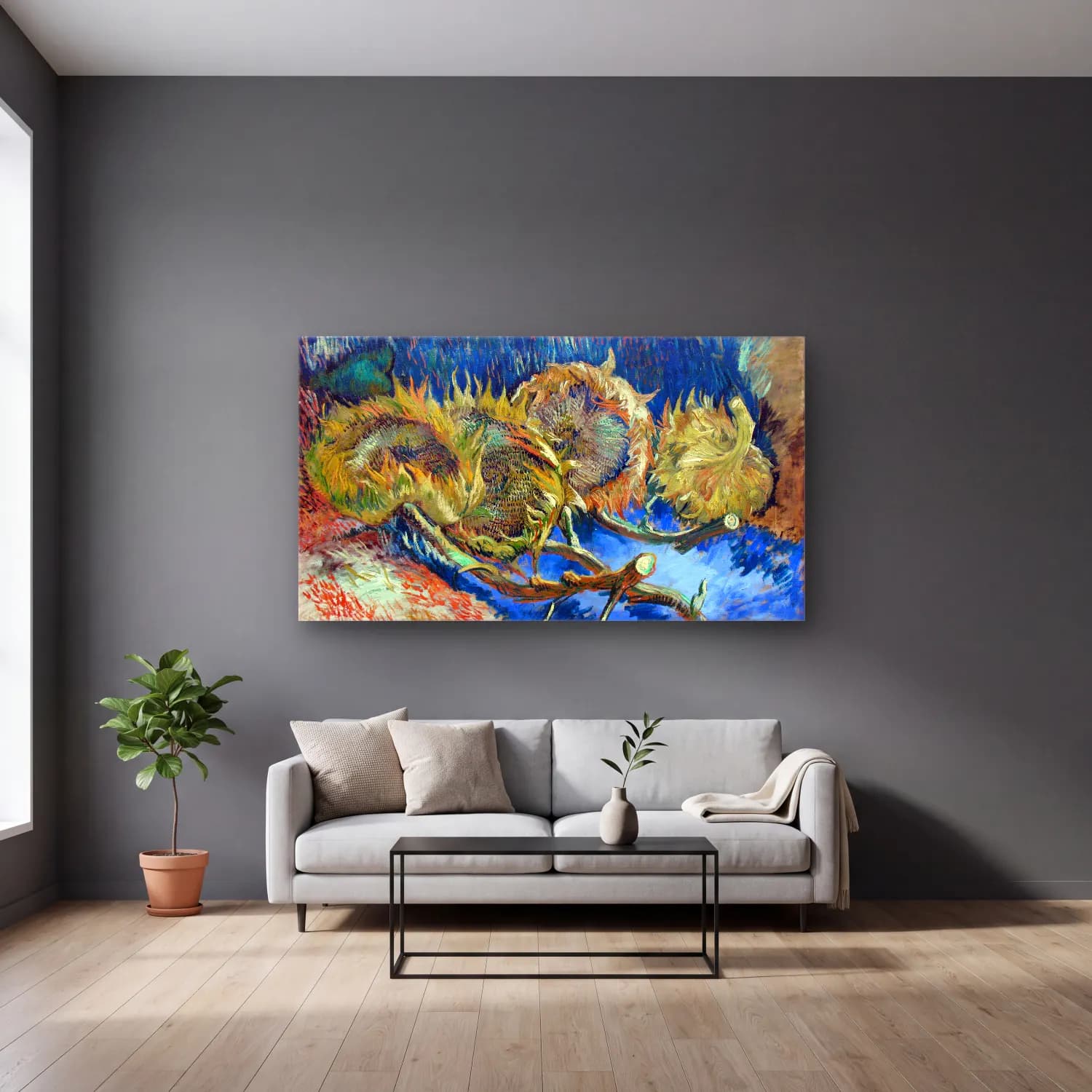Vincent van Gogh – Four Withered Sunflowers – Mavi Tonlar cam tablo — gri duvarlı salonda