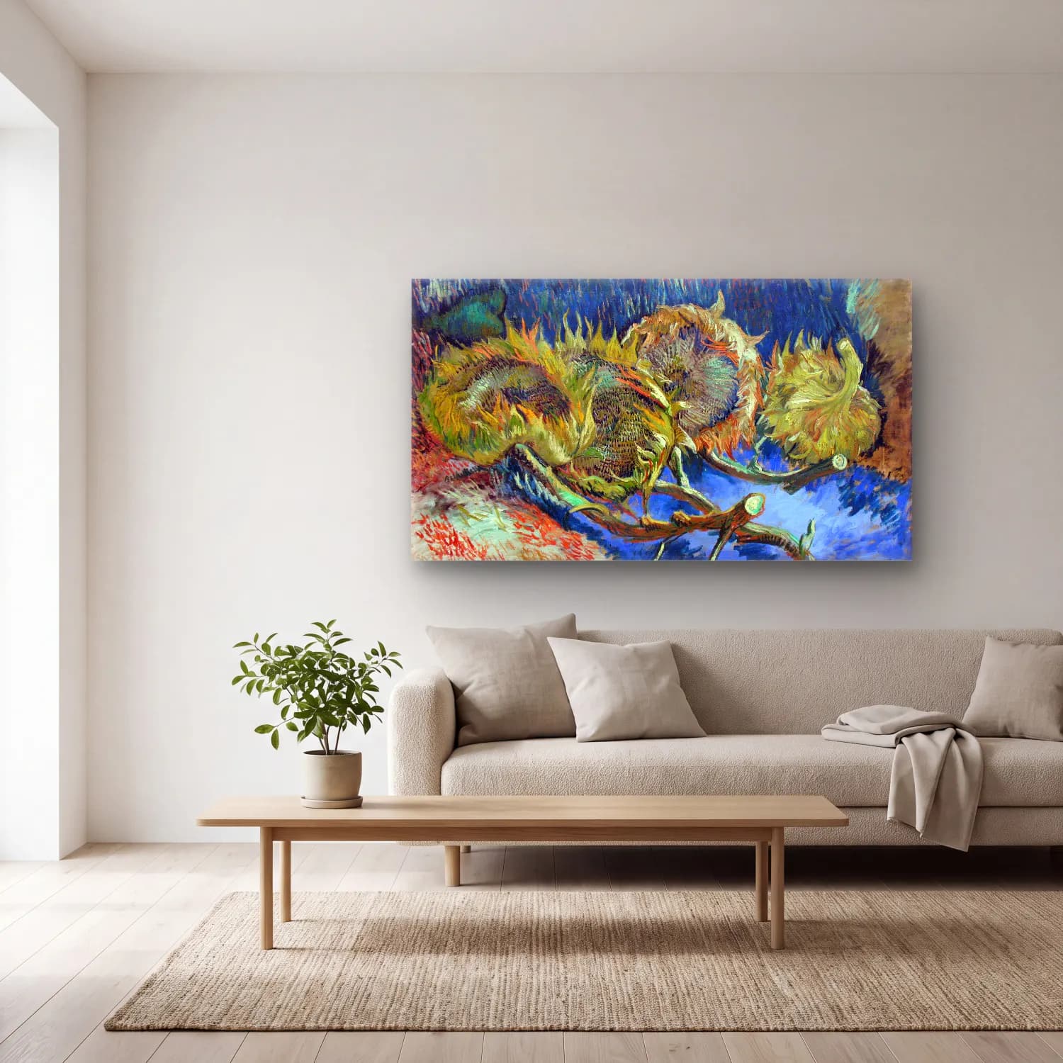 Vincent van Gogh – Four Withered Sunflowers – Mavi Tonlar cam tablo — açık renk salonda