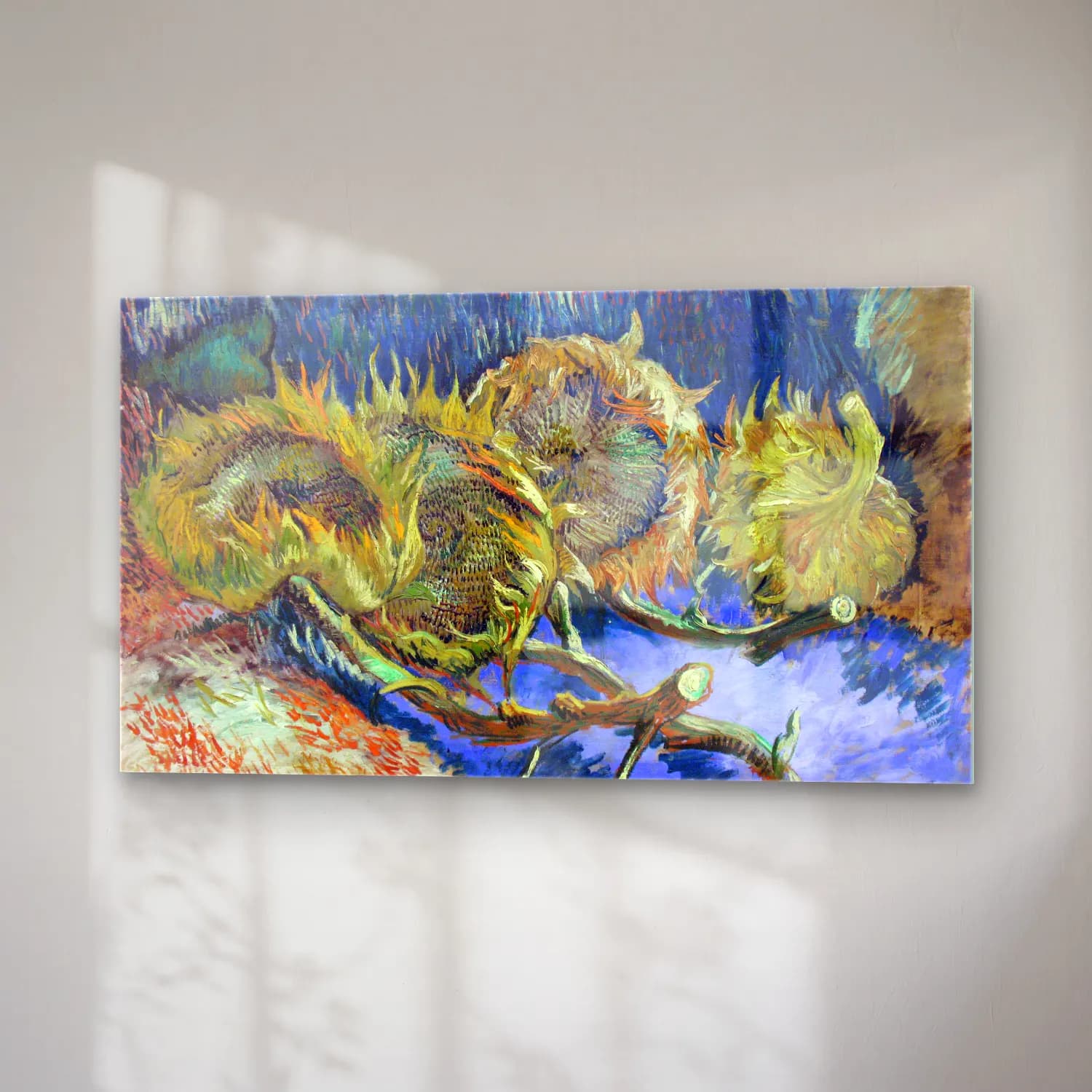 Vincent van Gogh – Four Withered Sunflowers – Mavi Tonlar cam tablo — sağ açıdan görünüm
