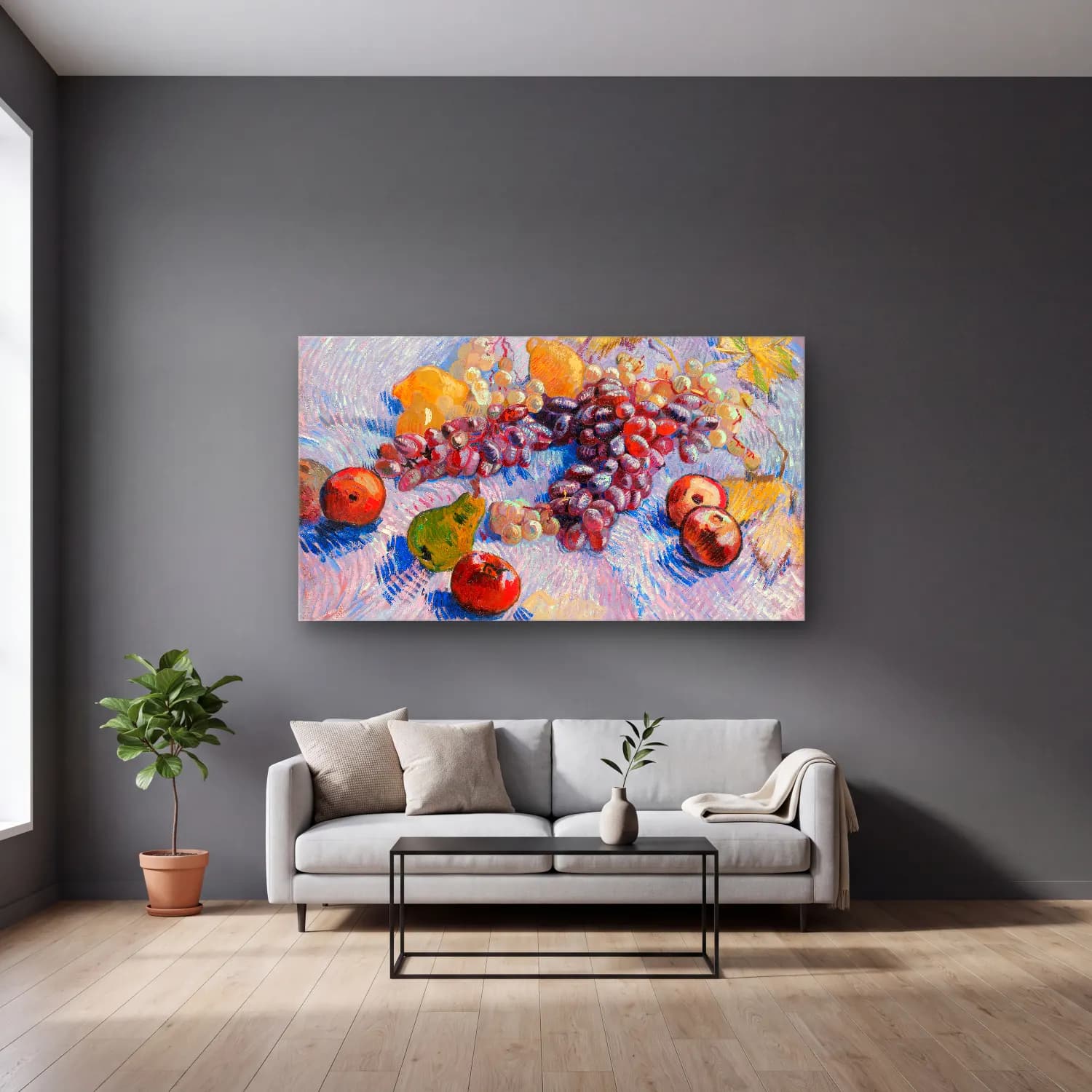 Vincent van Gogh – Grapes, Lemons, Pears, and Apples cam tablo — gri duvarlı salonda